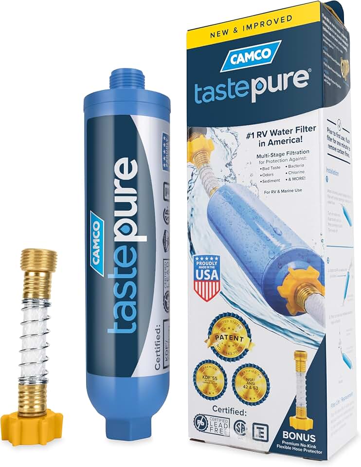 Camco Tastepure RV Water Filter - Advanced RV Inline Water Filter with Flexible Hose Protector - GAC &amp; KDF Filtration - Made in USA - Camping Essentials for Fresh Drinking Water (40043)