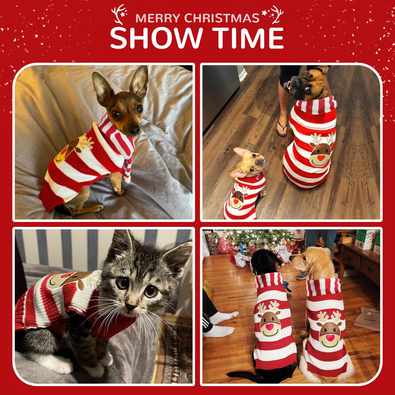 HRTTSY Christmas Dog Sweater and Scarf Set Cute Reindeer Ugly Xmas Puppy Cat Clothes Striped Pet Winter Outfit Soft Warm Knitwear Doggy Sweaters for Small Dogs Chihuahua Costume (Sweater+Scarf,M)