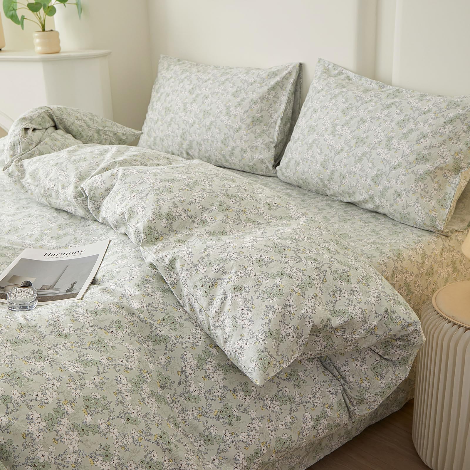 Green Floral Comforter Set Full Size Cottagecore Botanical Bedding Set