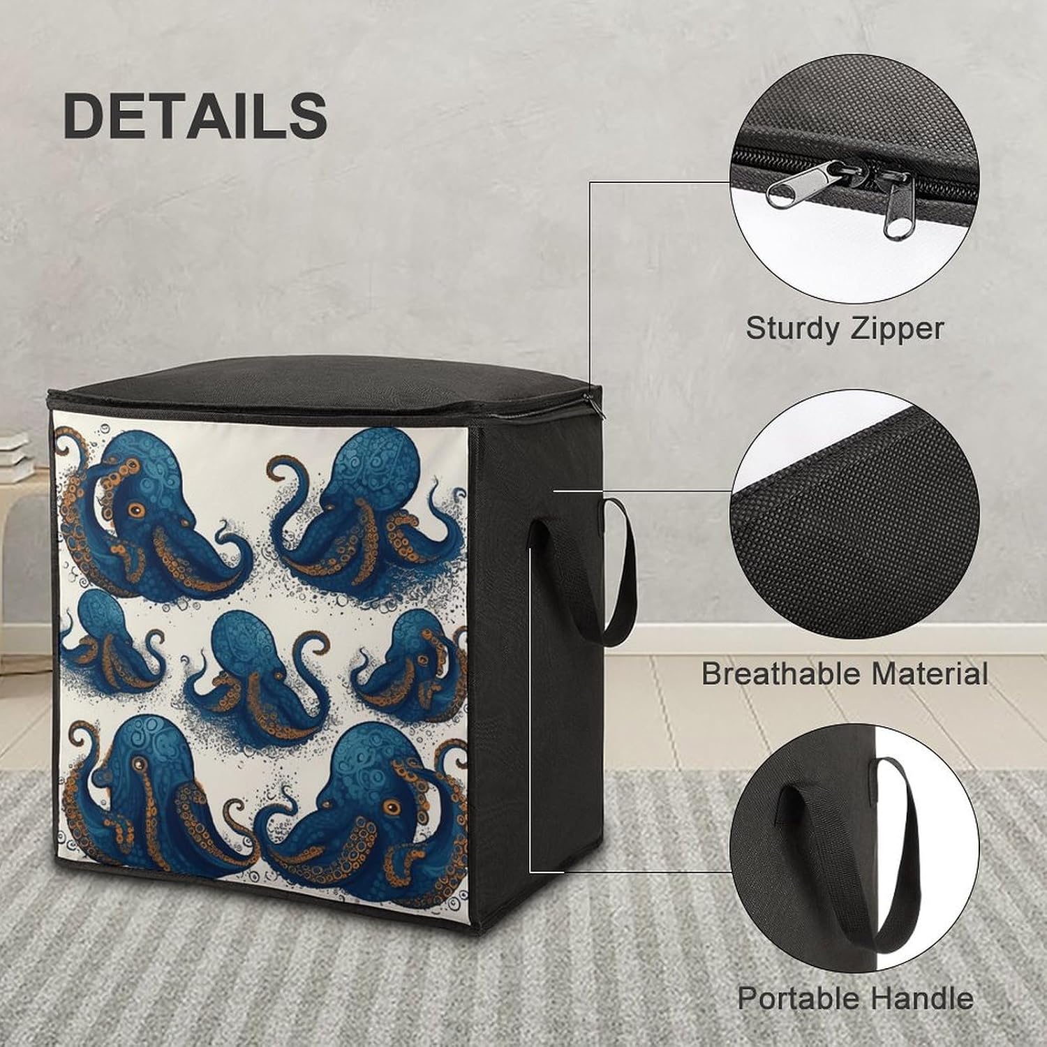 Tentacles Octopus Storage Bag with Zippers And Handle Extra Large Bedding Comforter Storage Bag Foldable Blanket Storage Bags Fabric Moving Bags for Closet Organizer (70L)