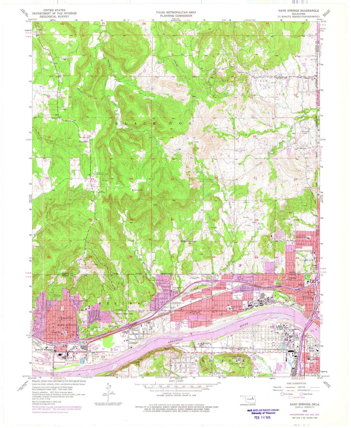 YellowMaps Sand Springs OK topo map, 1:24000 Scale, 7.5 X 7.5 Minute, Historical, 1956, Updated 1975, 27.4 x 22.5 in