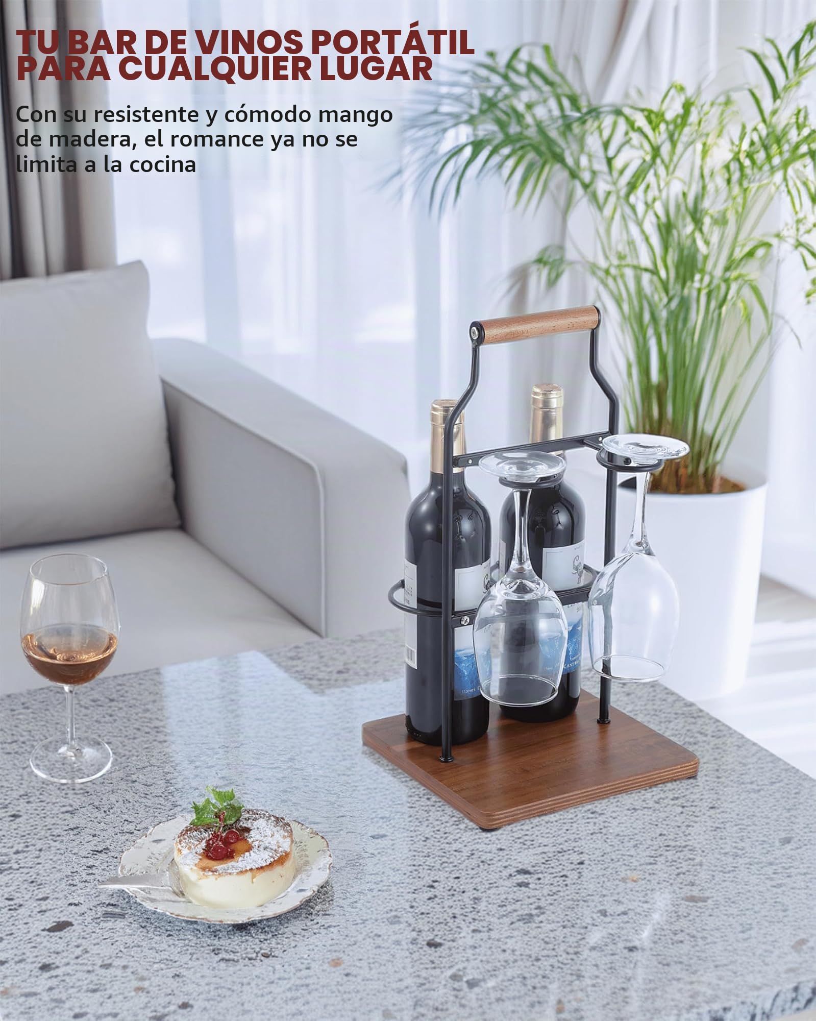 Estante de vino de encimera con asa, organizador de vino independiente con capacidad para 2 botellas y 2 copas de tallo, soporte portátil para botellas de vino y vidrio con base de madera para bar