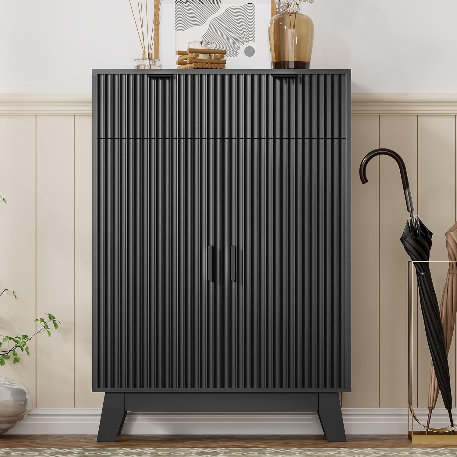 Shoe Cabinet Storage for Entryway, 4 Tier Fluted Shoe Storage Cabinet with 2 Drawers, Narrow Hidden Shoe Organizer with Adjustable Shelves, Freestanding Shoe Rack for Entryway, Hallway, Black