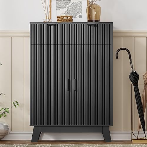 Gabinete de almacenamiento de zapatos estriado para entrada, armario de almacenamiento de zapatos de 4 niveles con 2 cajones, organizador de zapatos