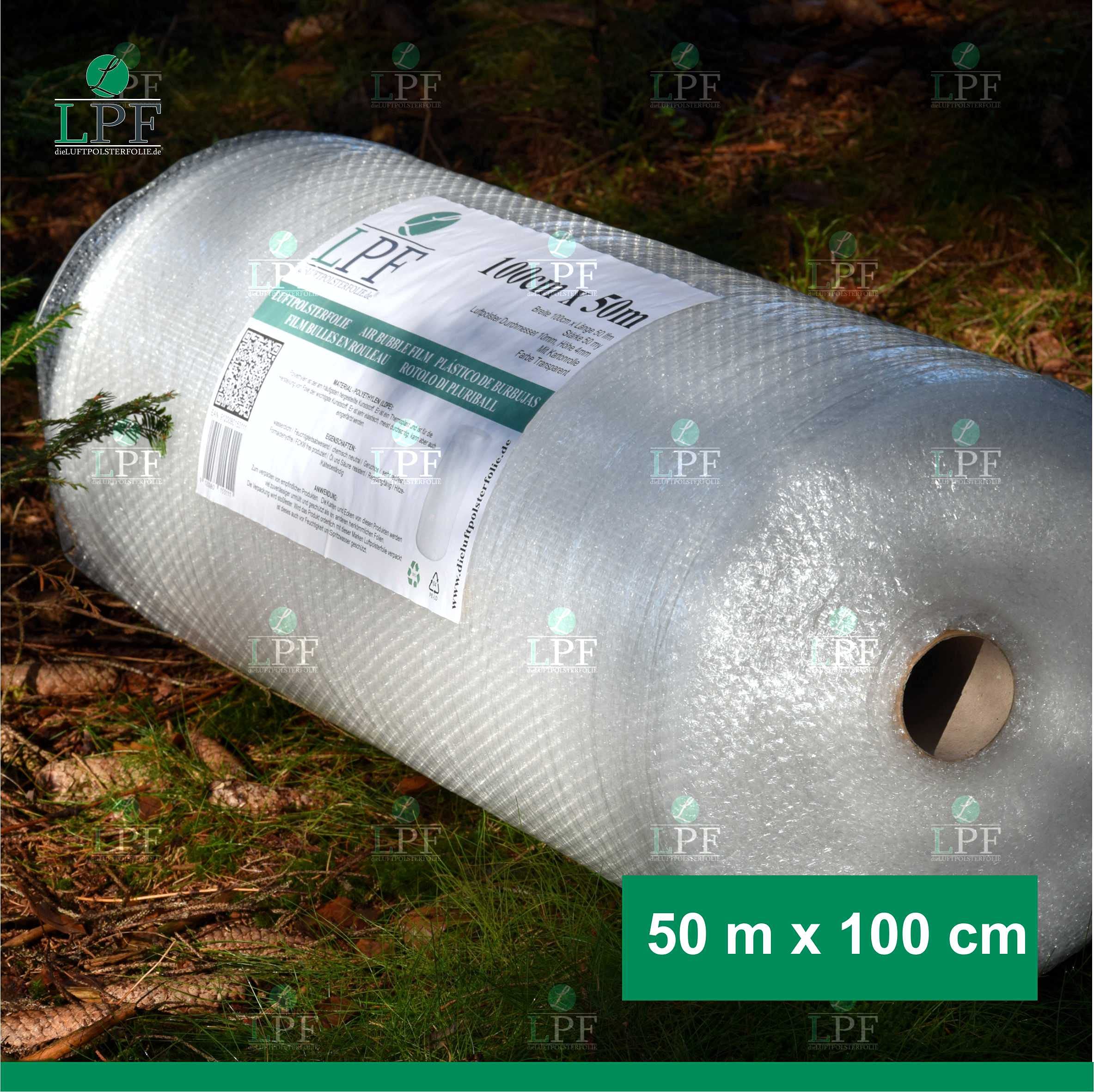 LPF dieLUFTPOLSTERFOLIE Luftpolsterfolie 100cm x 50m Verpackungsfolie Blisterfolie Noppenfolie Polsterfolie Umzug 1m Knallfolie Polstermaterial Versand Transparent Umzugfolie bubble wrap