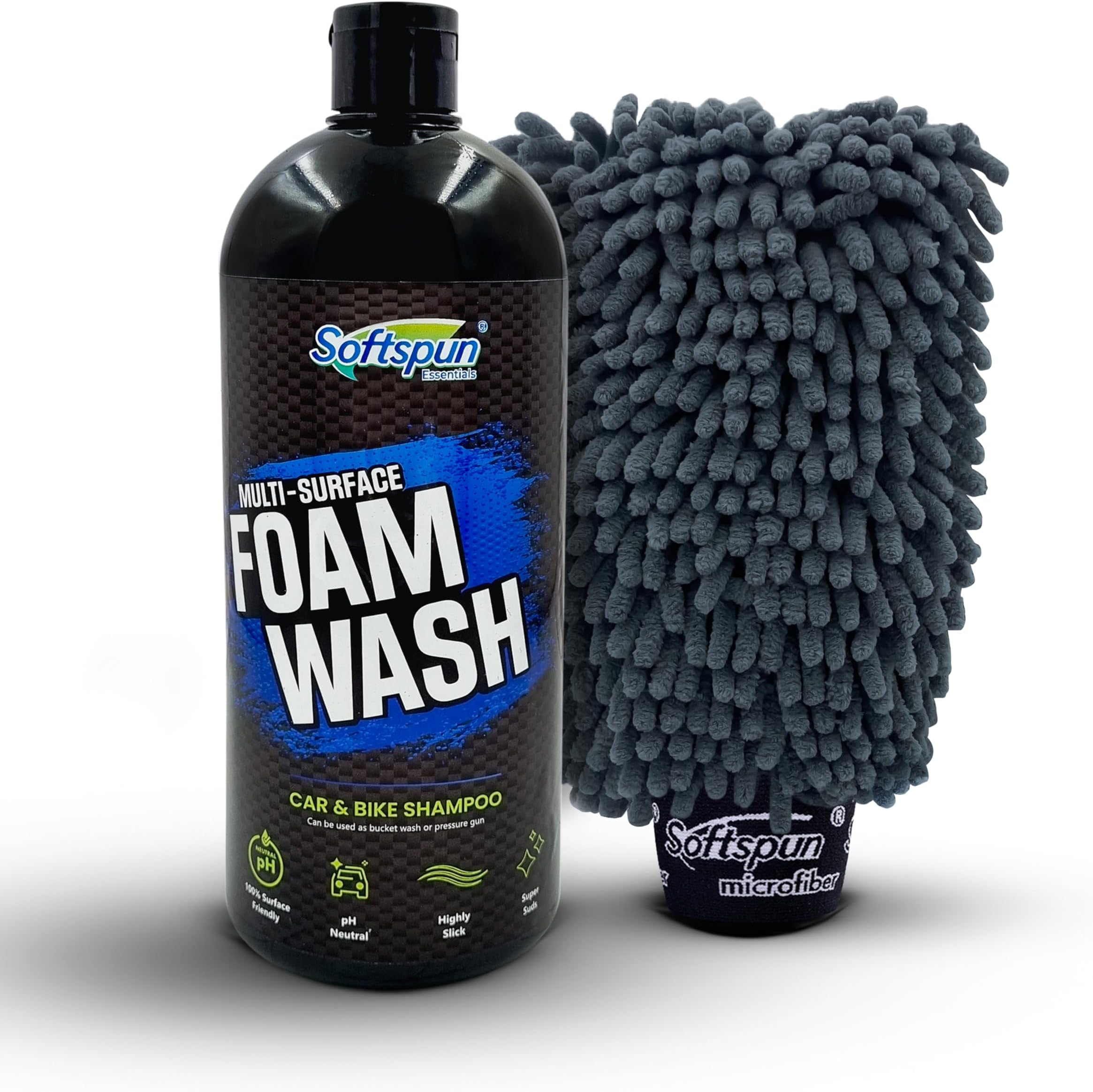 SOFTSPUN Microfiber 1Ltr Car & Bike pH Neutral Premium Liquid Shampoo+1700gsm 1pc Double Side Glove Grey Combo | Extra Suds, Removes Tough Dirt & Grime | Works with Bucket & Foam Cannon