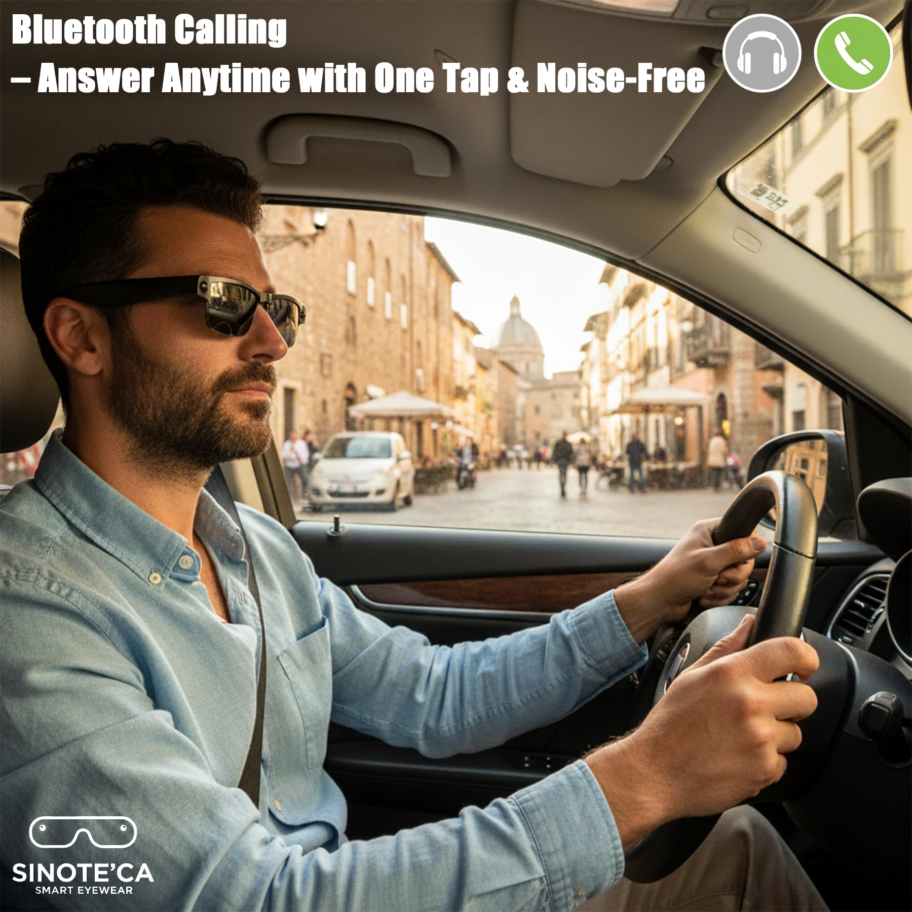 SINOTE'CA AI Smart Glasses con Telecamera 8MP, Occhiali Intelligenti Bluetooth, Occhiali da Sole con Videocamera Integrata, Traduzione in Tempo Reale, Musica Open-Ear, Microfono Dual Noise Reduction