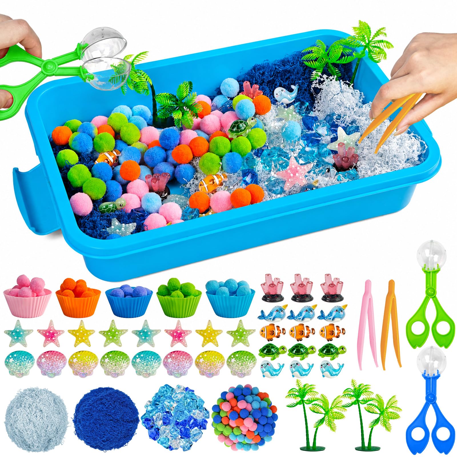 Cinrobiye 170 Pcs Ocean Animals Sensory Bin Fillers Set with Storage Box, Sea Animals, Sea Shells, Sea Stars & Under The Sea Accessories for Classroom Activities, Home Projects and Ocean Theme Decor