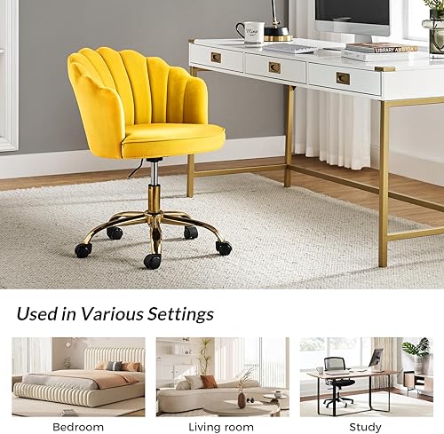 Miniatura 7 de HULALA HOME Silla de escritorio de terciopelo para oficina en casa, moderna silla de tocador de maquillaje con ruedas, silla giratoria de altura