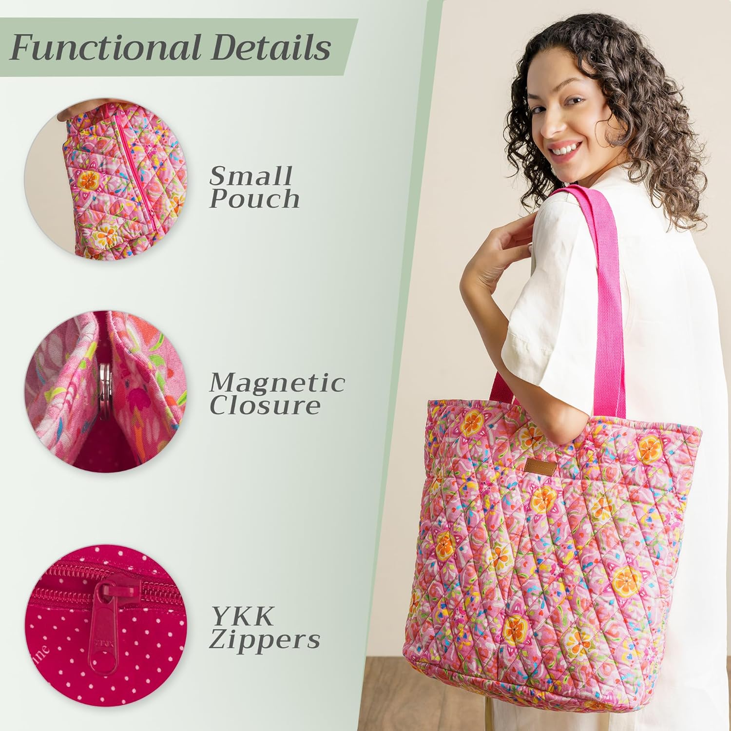 Maison d' Hermine Shopping Bags Cotton Quilted Tote Bag Zipper Pockets Small Pouch Reusable Grocery Bag Mothers day Gifts