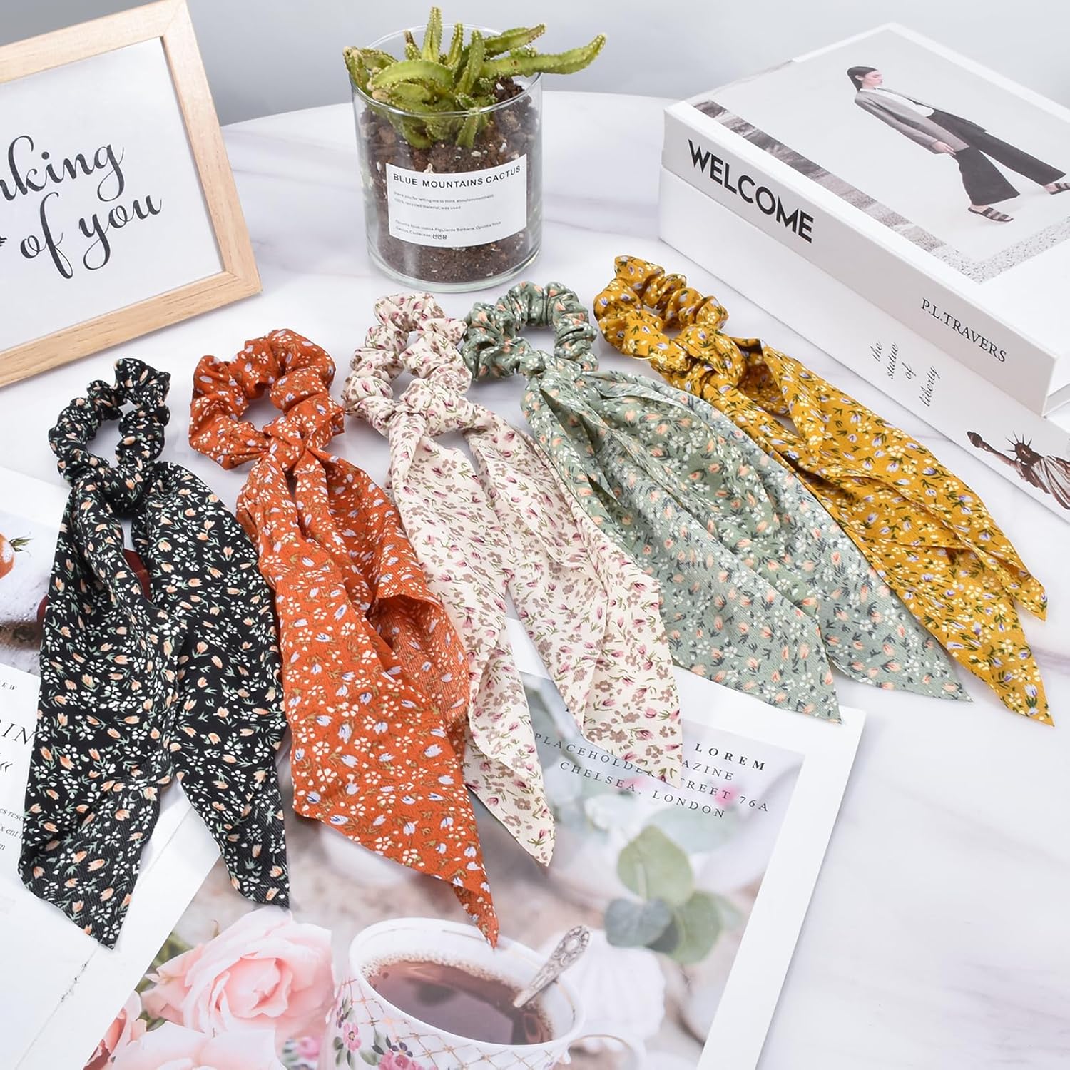 5-Piece Chiffon Classic Floral Bowknot Hair Ties, Elegant Hair Scarf Scrunchies Long Ribbon Ponytail Holders Head Bands, Elastic Vintage Bow Tie Hair Accessories for Ladies Women Girls - Image 3