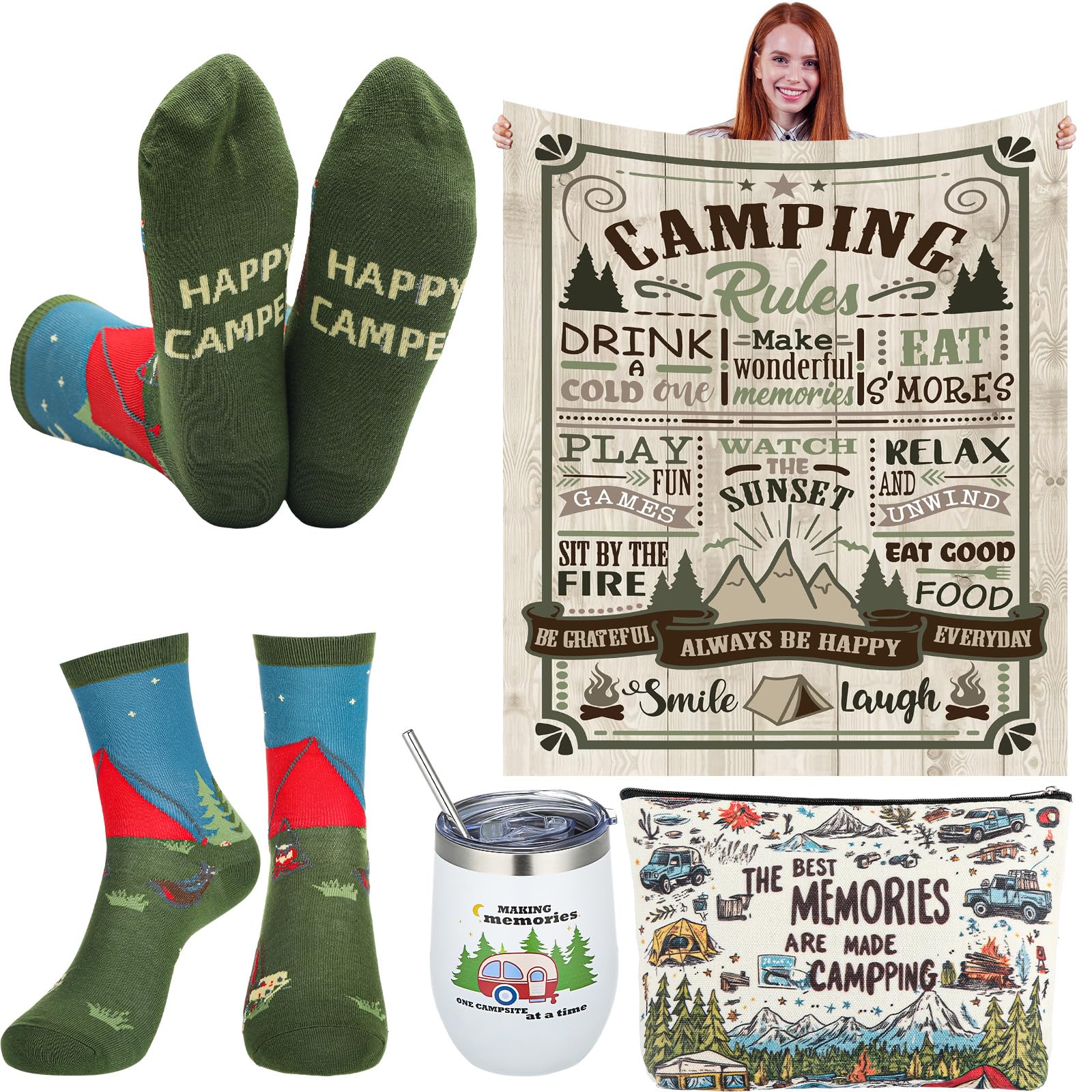 Patelai 4 Stück Camping-Geschenke für Damen und Herren – inklusive Trinkgläser, Überwurfdecke, Socken, Kulturbeutel für fröhliche Camper-Dekoration, Outdoor, Picknicks, Wandern, Wohnmobil-Ausflüge