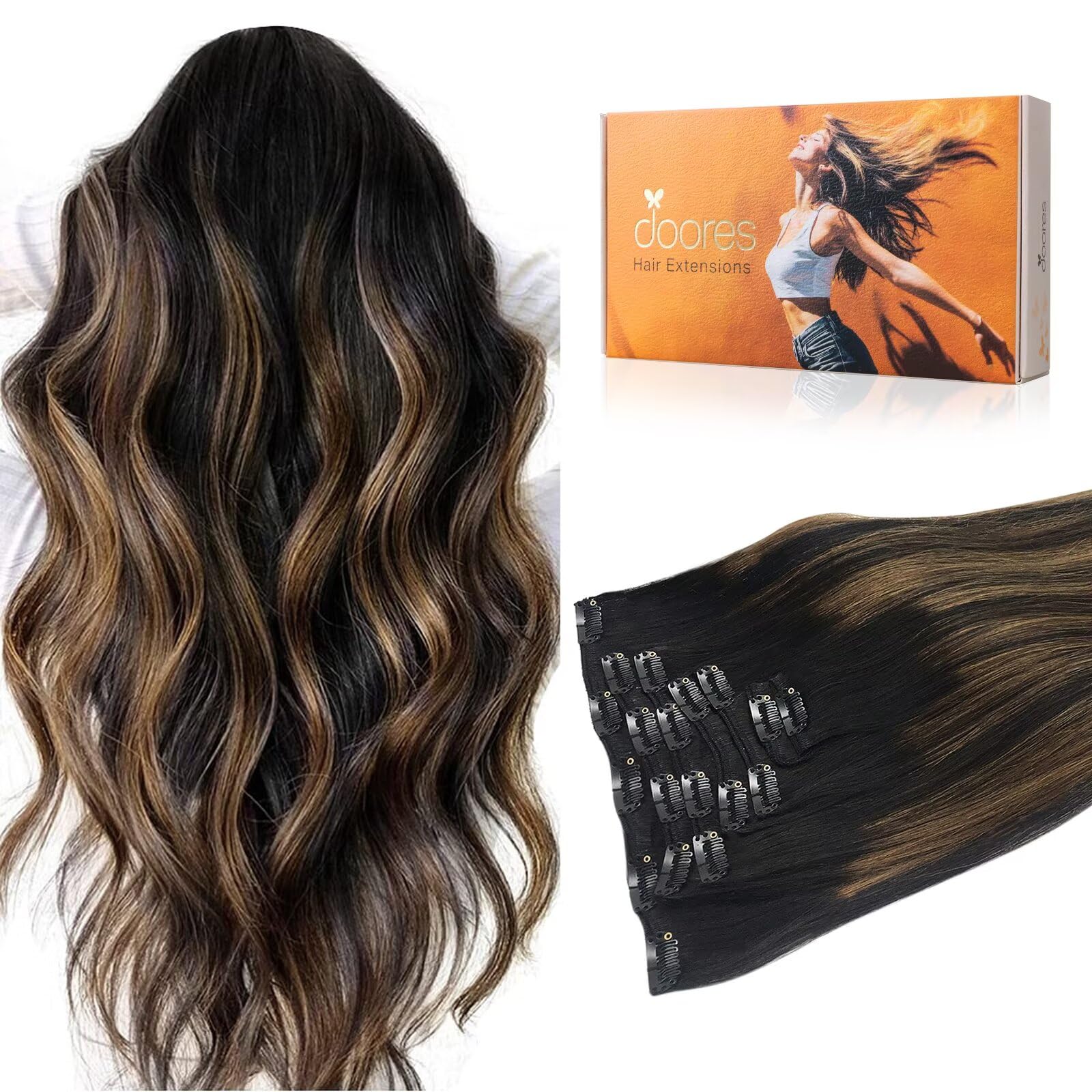 DOORES Clip in Hair Extensions Human Hair Extensions, Balayage Natural Black to Chestnut Brown 16 Inch 7pcs 120g Real Hair Extensions Straight Thick
