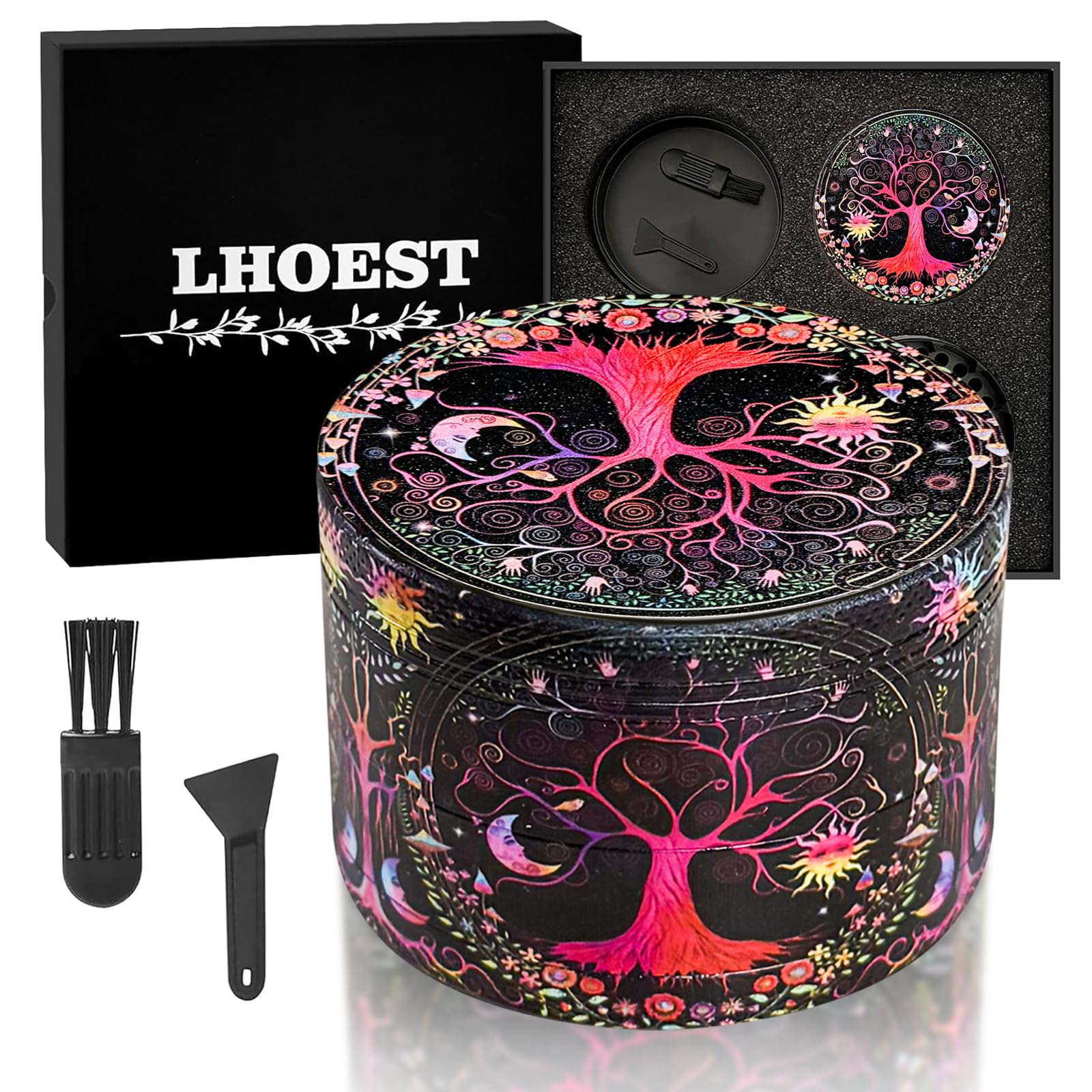 LHOEST Large Grinder 63MM Crusher 40 Grinding Teeth Metal Grinder Tree Design Cool 4 Layers Grinders Pink Purple Metal Crusher for Spice Mill with Scraper Plastic Brush