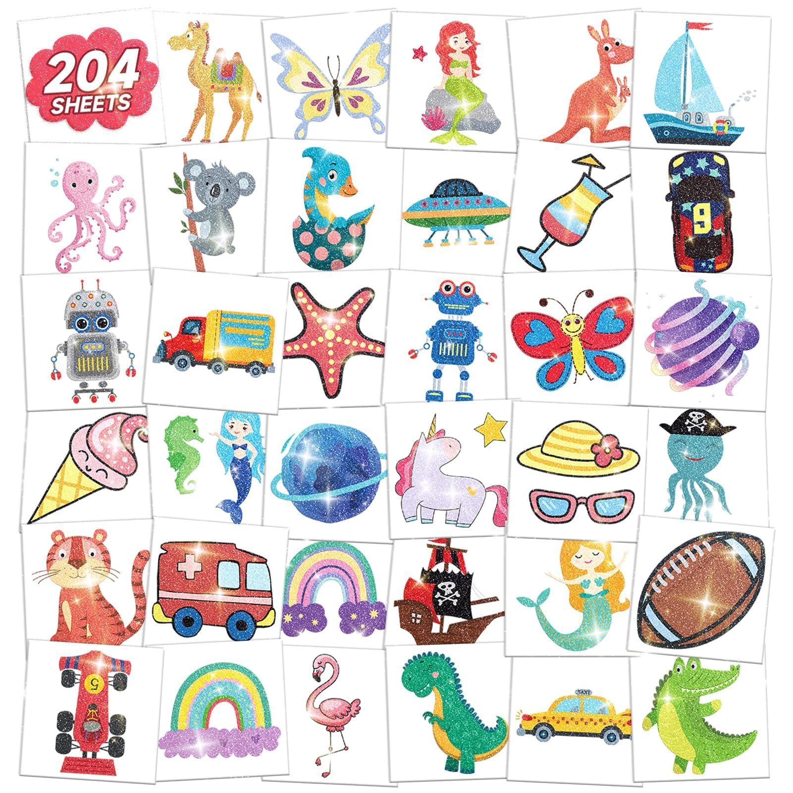 204 Sheets Glitter Tattoos for Kids Birthday Party Favors, Classroom Prizes