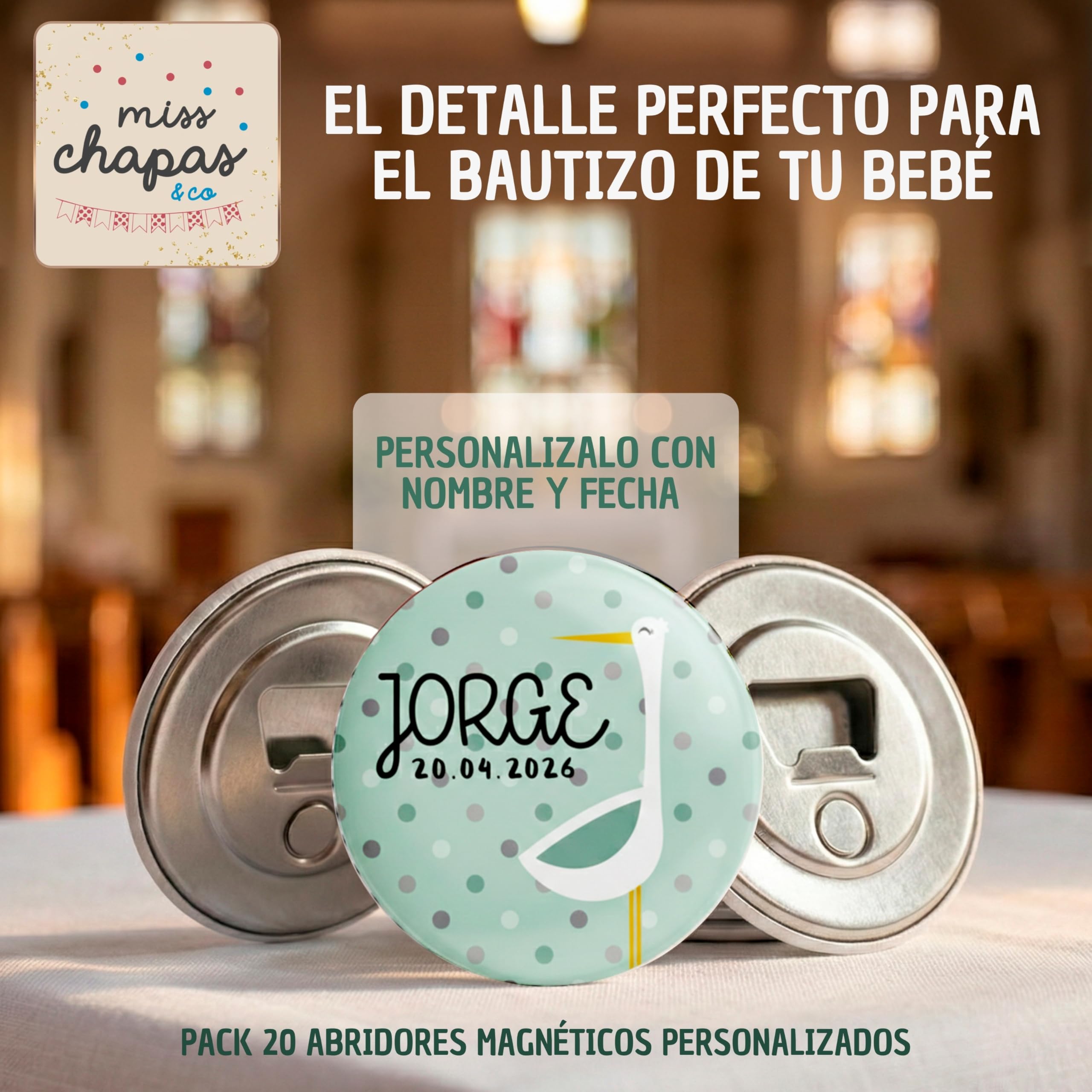 Pack 20 Abridores Magnéticos Personalizados Bautizo Cigüeña Verde Mint – Detalle Invitados Bautismo Bebé Niño | Recuerdo Original y Útil | Presentación Individual Lista para Regalar
