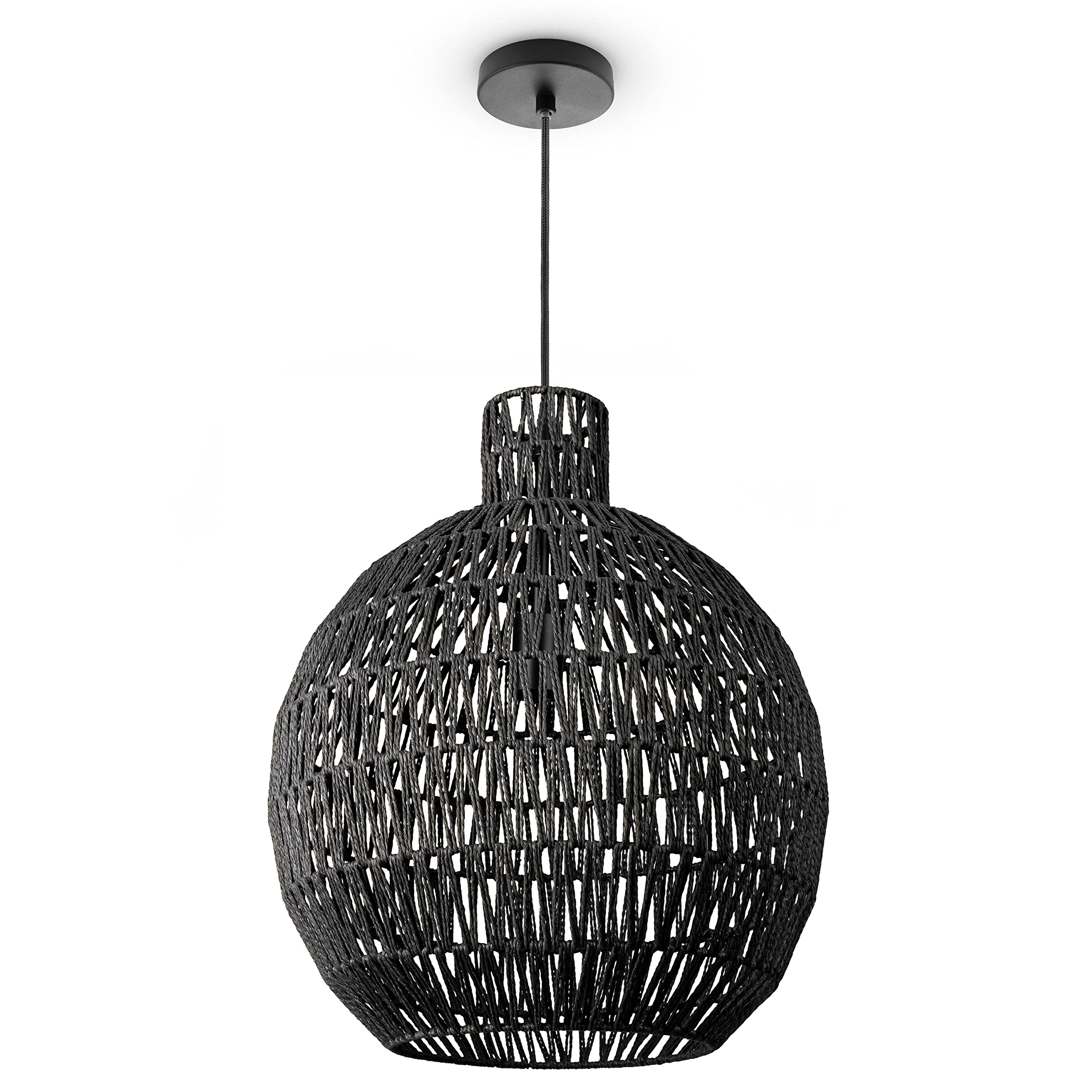 Paco Home Pendelleuchte Wohnzimmer Boho Korbleuchten Pendellampe Rattan Hängeleuchte Esszimmer Lampe Papier E27, Lampenart:Pendelleuchte - Typ 8, Farbe:Schwarz (Ø45 cm)