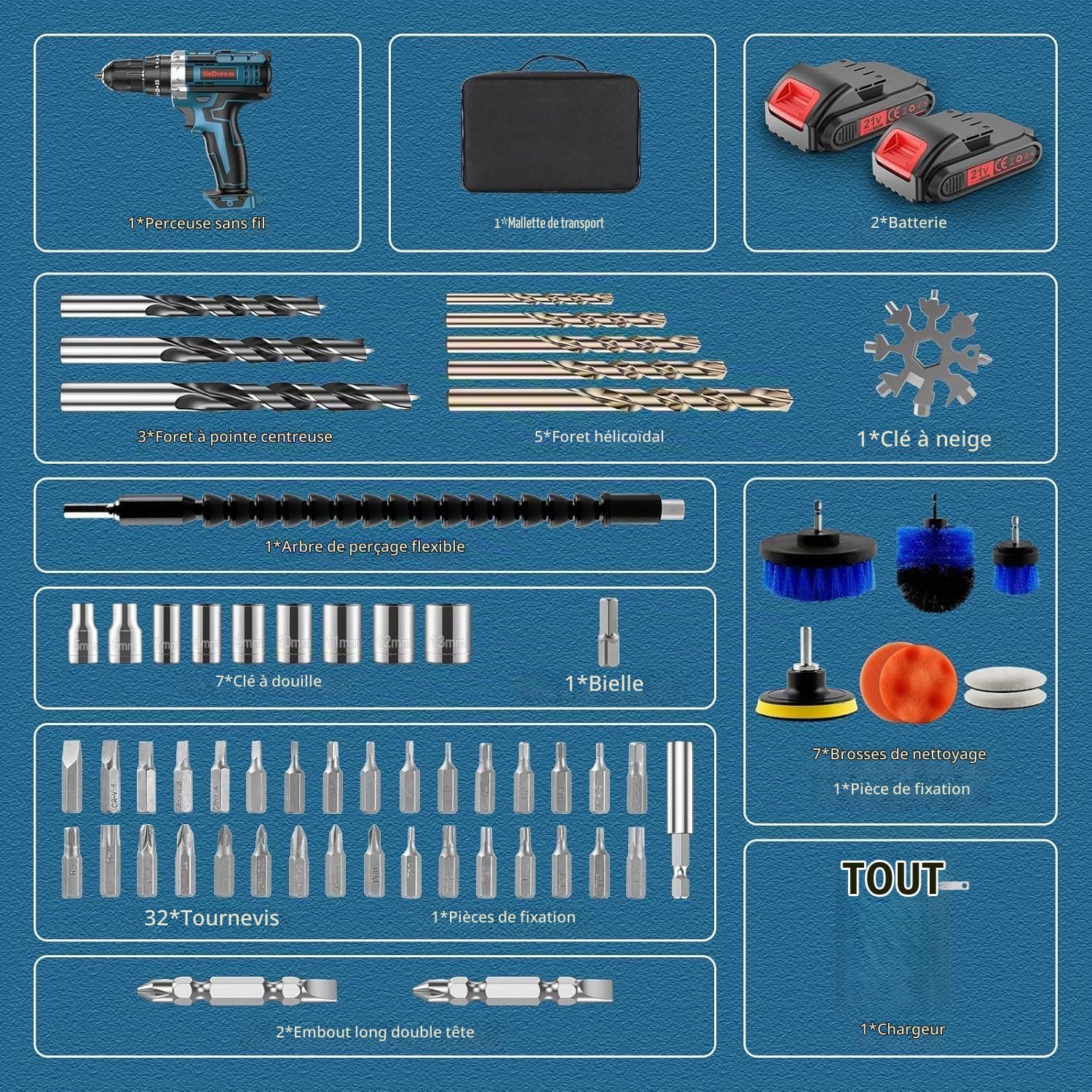 Perceuse Visseuse Sans Fil 21V 3-en-1 – Kit de 61 Accessoires, 2 Batteries & Chargeur Rapide, Couple 45 Nm – Multifonction pour Perçage, Vissage & Projets Domestiques