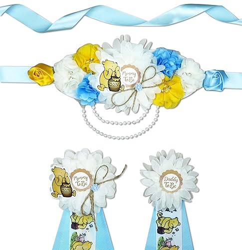 Winnie Mom to Be Sash Daddy to Be Corsage Pins Flower Baby Shower Sash Baby Shower Sash Baby Shower Fajas de maternidad Cinturón de vientre regalo