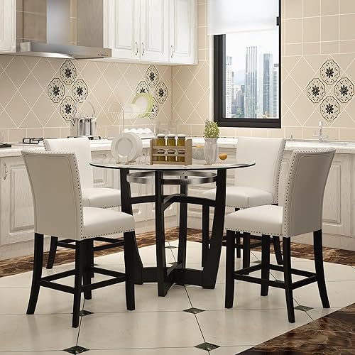 Miniatura 5 de PADMA HOUSE Juego de taburetes de mesa de barra de altura de vidrio para 4, 42 pulgadas de altura de mostrador de vidrio templado redondo, taburetes