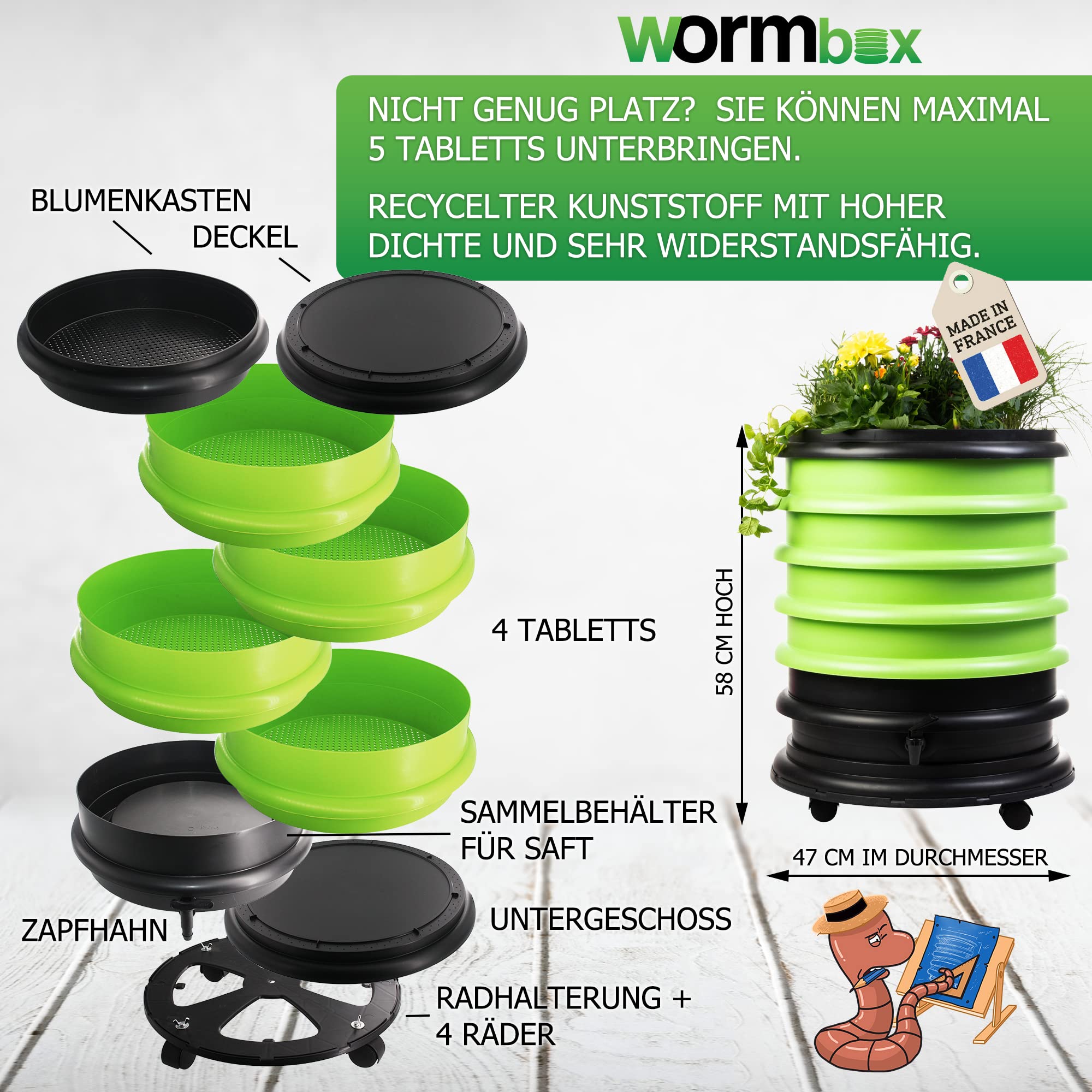 WORMbox | Wurmkomposter Wurmfarm Wurmkiste mit 4 Schalen Schwarz + Pflanzgefäß + 1kg Kompostwürmer / 2000 STK + 1 Coco | 64 Liter | Regenwurmkomposter, Kompostwürmer produzieren Wurmhumus