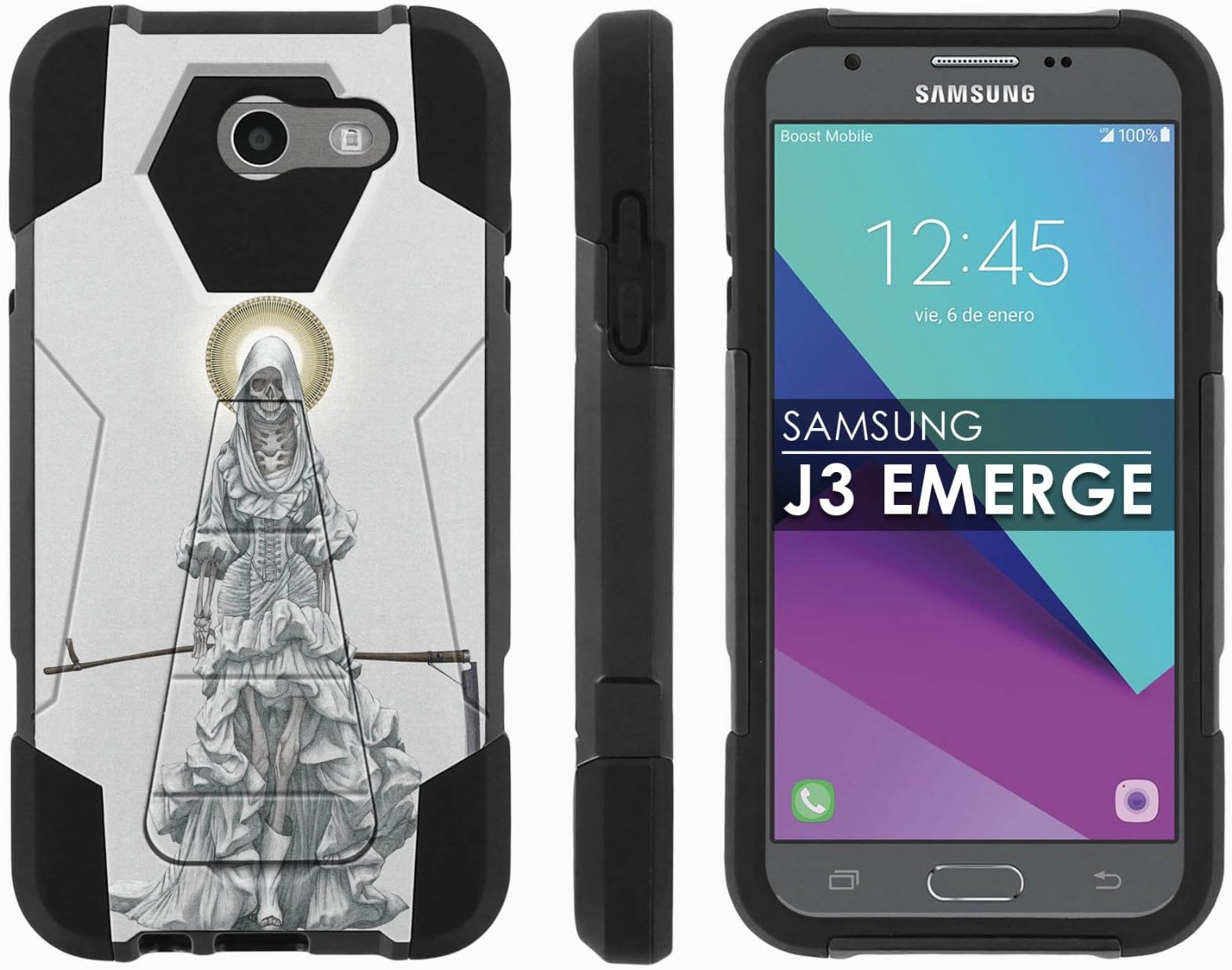 Samsung Galaxy J3 Emerge [2017] Mil-Spec [Mobiflare] [Black/Black] Dual Layer Armor Case [Kickstand] [Screen Protector] - [Santa Muerte] for Galaxy [2017] [J3 Emerge] [5" Screen]