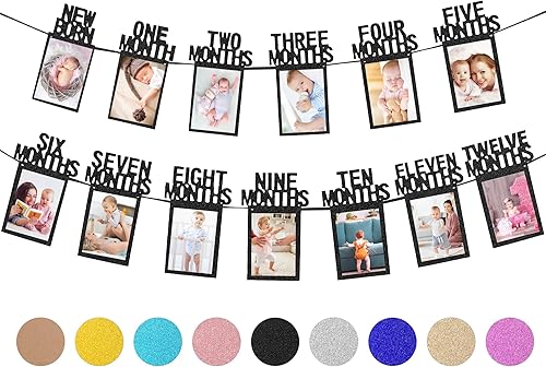 Whaline Cartel de fotos de bebé de primer cumpleaños para recién nacidos a 12 meses, guirnalda de fotos de hitos mensuales, decoración de