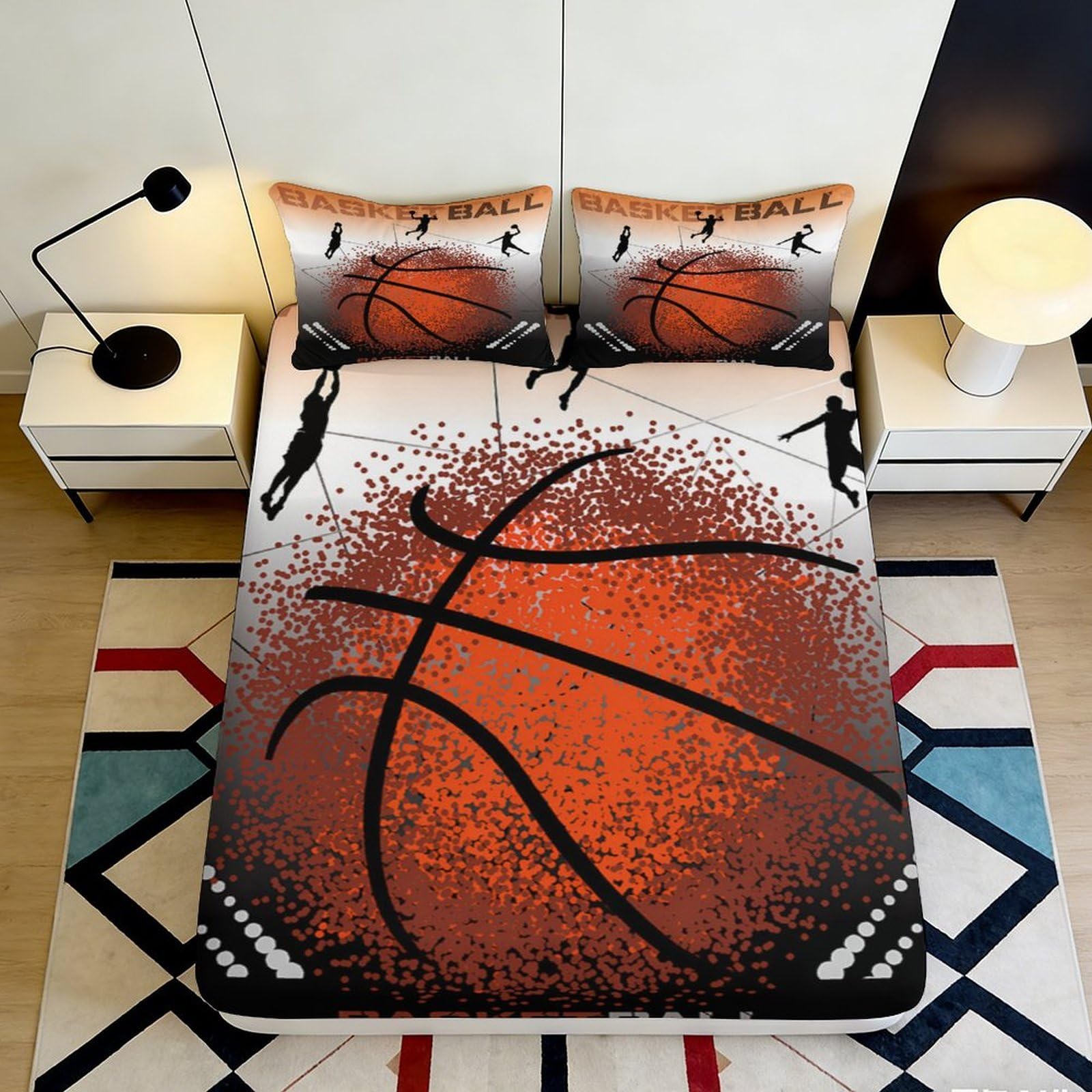 Uxinyoume Style-1 3D Printed Basketball Court Fitted Sheet Microfiber Orange Black Bed Sheet Anti-Slip Easy Care For Bedroom Guest Room 90X200x25cm