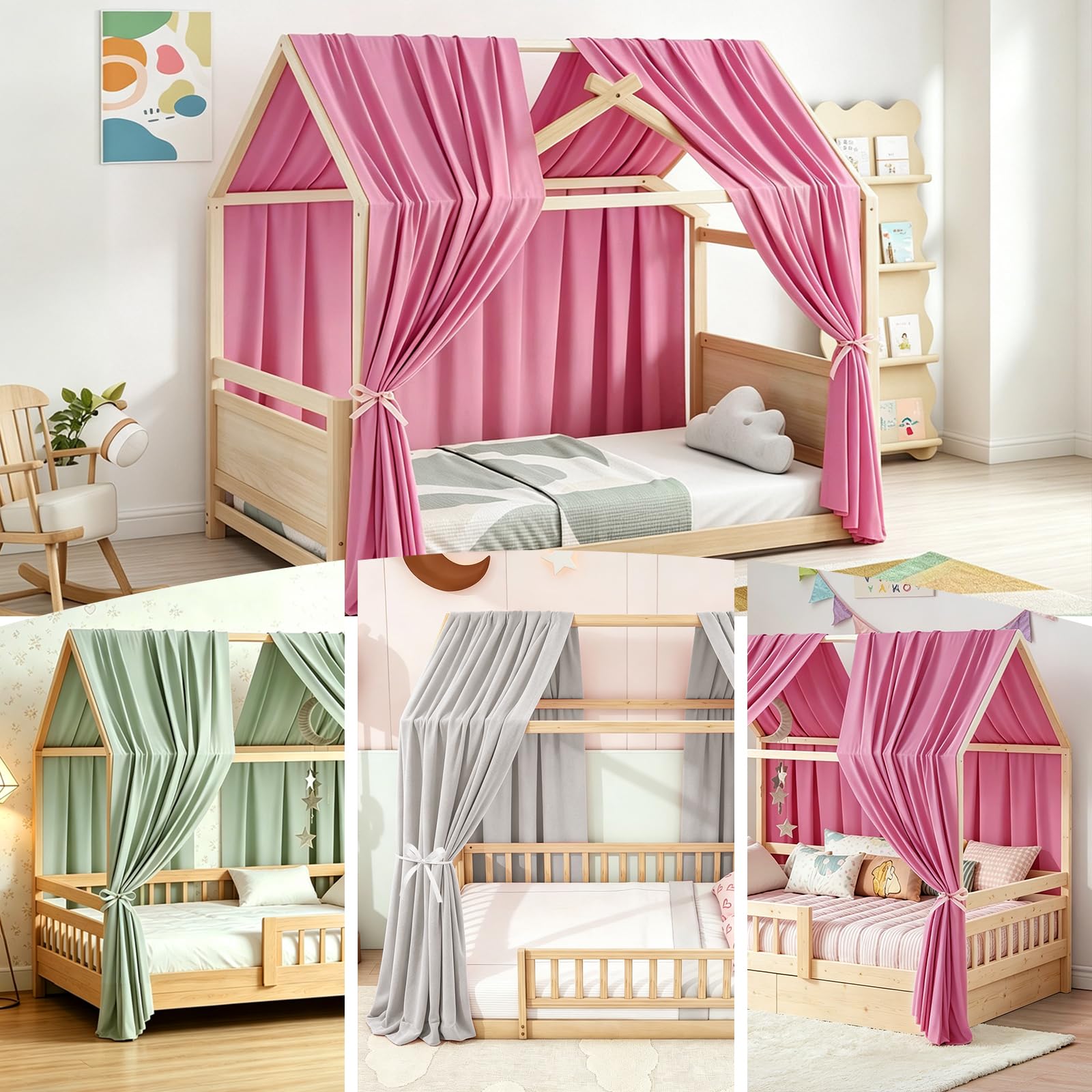 Hausbett Himmel, 2 Stück Betthimmel Hausbett Musselin, Baldachin Kinderzimmer Stoffhimmel für Hausbetten Mädchen Jungen Baldachin Kinderbett Kinderzimmer Deko (Hellgrau, H270 x B67 cm (2er Pack))
