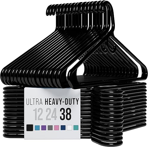 Perchas de ropa de plástico ultra resistentes, color negro, perchas duraderas para abrigos, trajes y ropa (paquete de 38 unidades, negro)