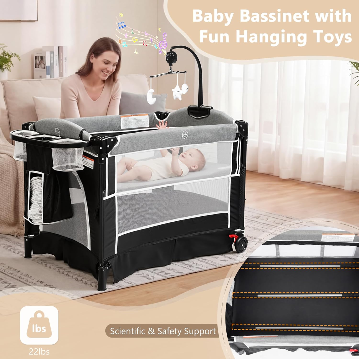 Kinder King 4 in 1 Portable Baby Playard, Foldable Baby Bedside Crib w/Bassinet, Infant Pack and Play Playard Toddler Large Playpen, Newborn Changing Table, Storage Basket, Dark Grey