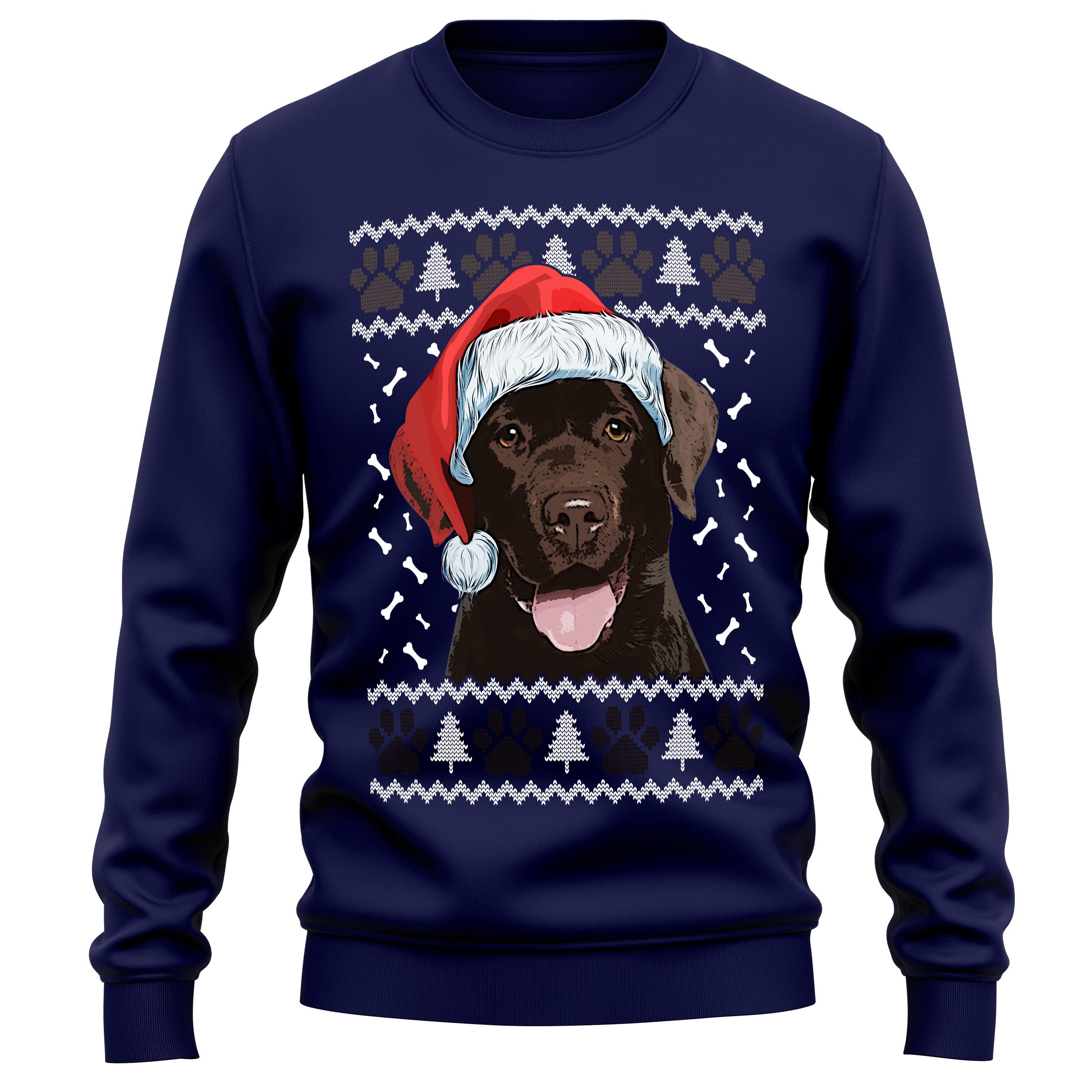 Purple Print House Chocolate Labrador Christmas Sweatshirt Adult Xmas Jumper For Lab Dog Owner Gifts Autumn Winter Puppy Walks Sweater For Him and Her, S, Navy
