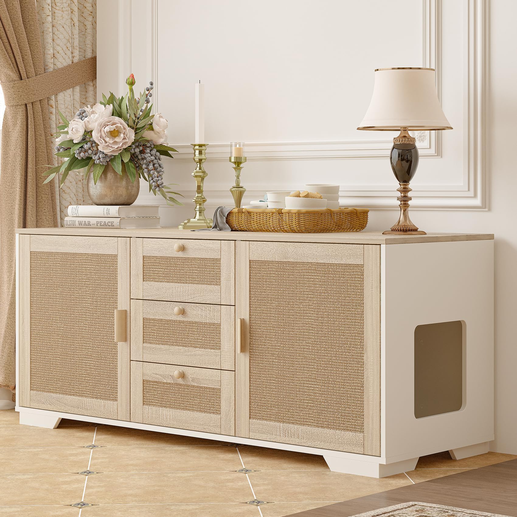 Cat Litter Box Enclosure Furniture Hidden Indoor 2-in-1 Wooden Cat & Washroom Cabinet with Scratching Board Doors and 3 Drawer for 2 Cats, 55"x20"x24"H