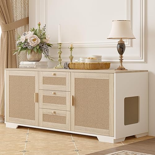 Caja de arena para gatos, mueble oculto para interiores 2 en 1, armario de madera para gatos y baño con puertas de tabla de rascar y 3 cajones para