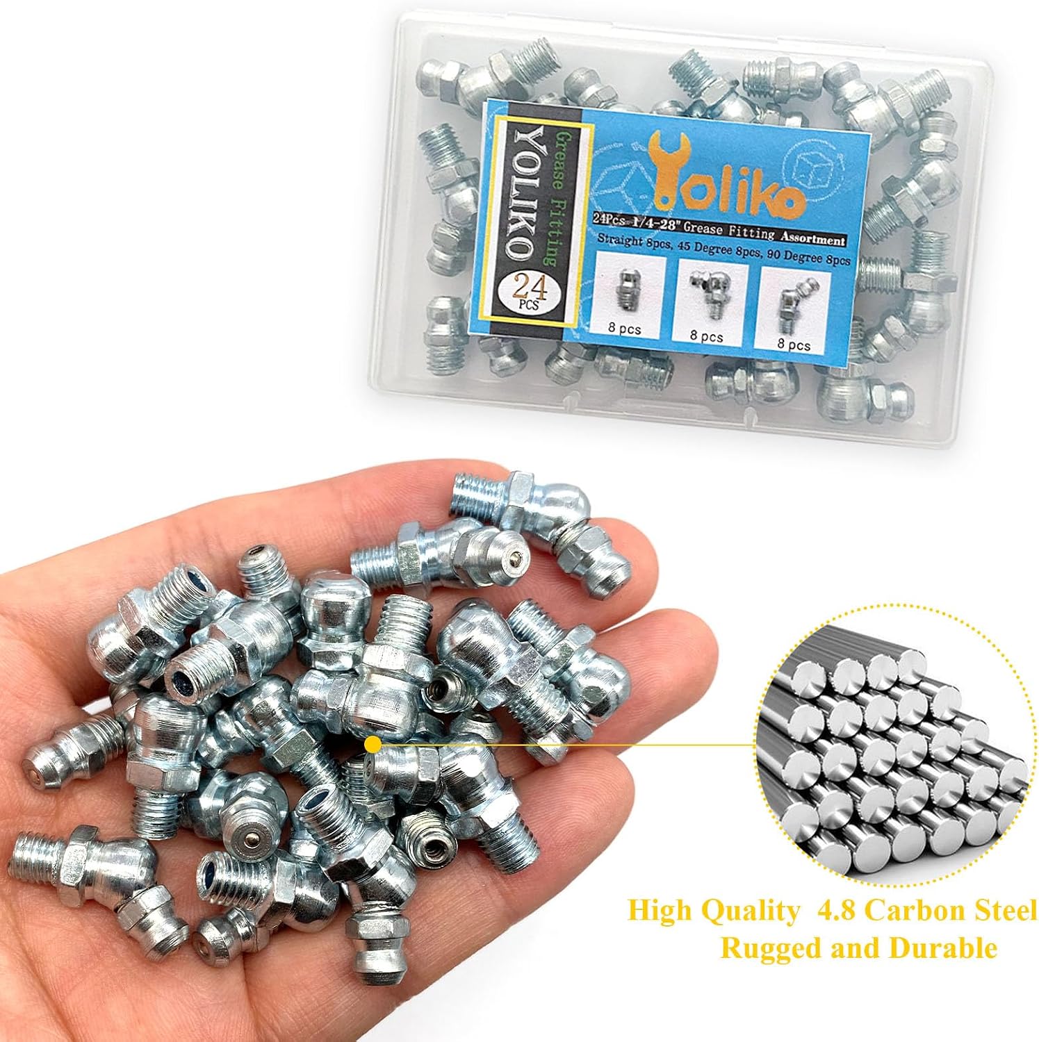 1/4"-28 24Pcs Grease Fitting Assortment Straight 45 90 Degree Grease Zerk Fittings, Galvanized Steel Grease Fittings and grease gun tips for Industrial/Agricultural Machinery Cars Ships ets