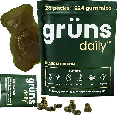 Grüns Super Greens Gummy Bears Espirulina orgánica y clorella, prebióticos para la salud digestiva, más de 20 vitaminas y minerales - 28 sobres -