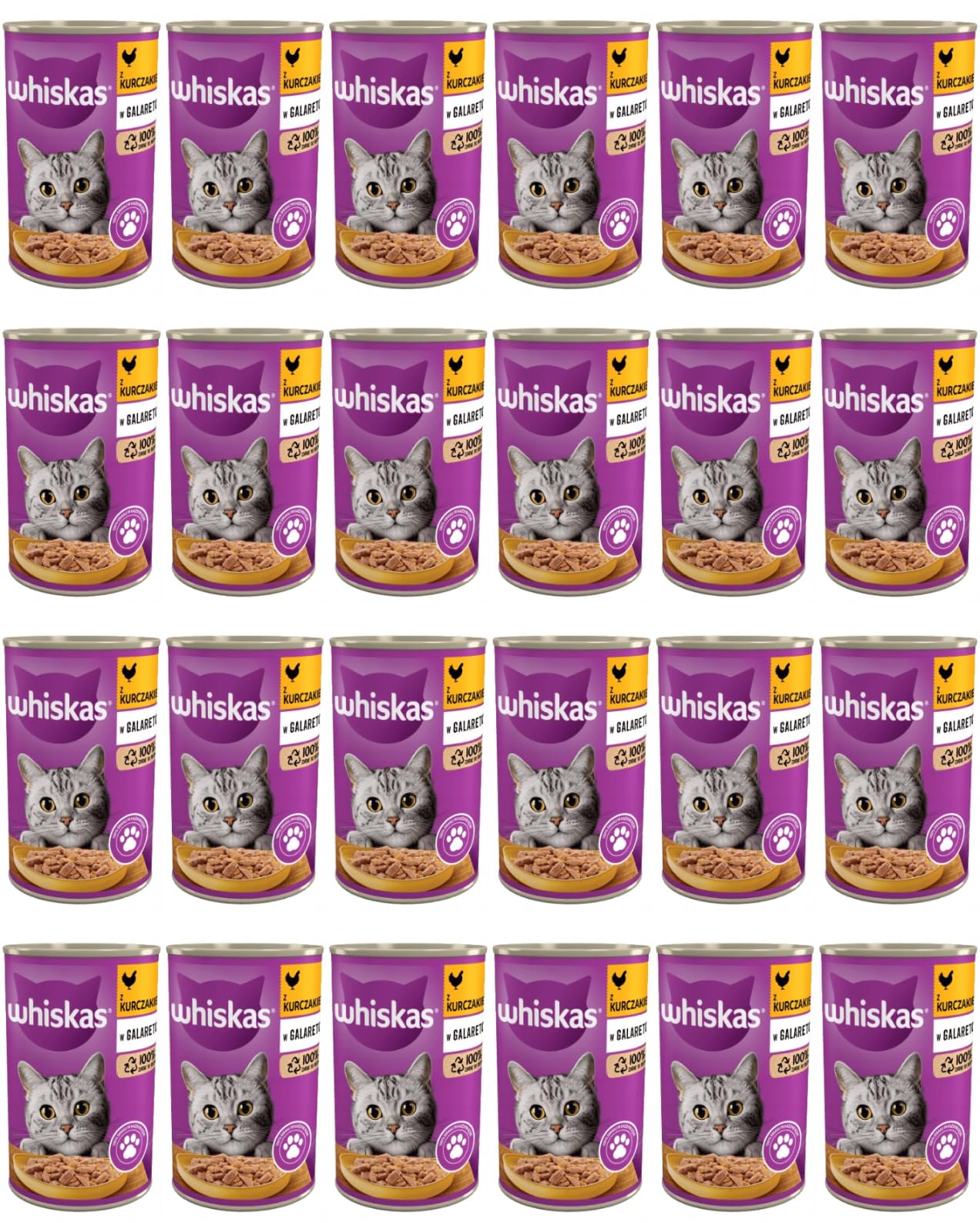 Whiskas Nourriture humide pour chat adulte 1+ avec poulet en gelée, 24 boîtes (24 x 400 g)