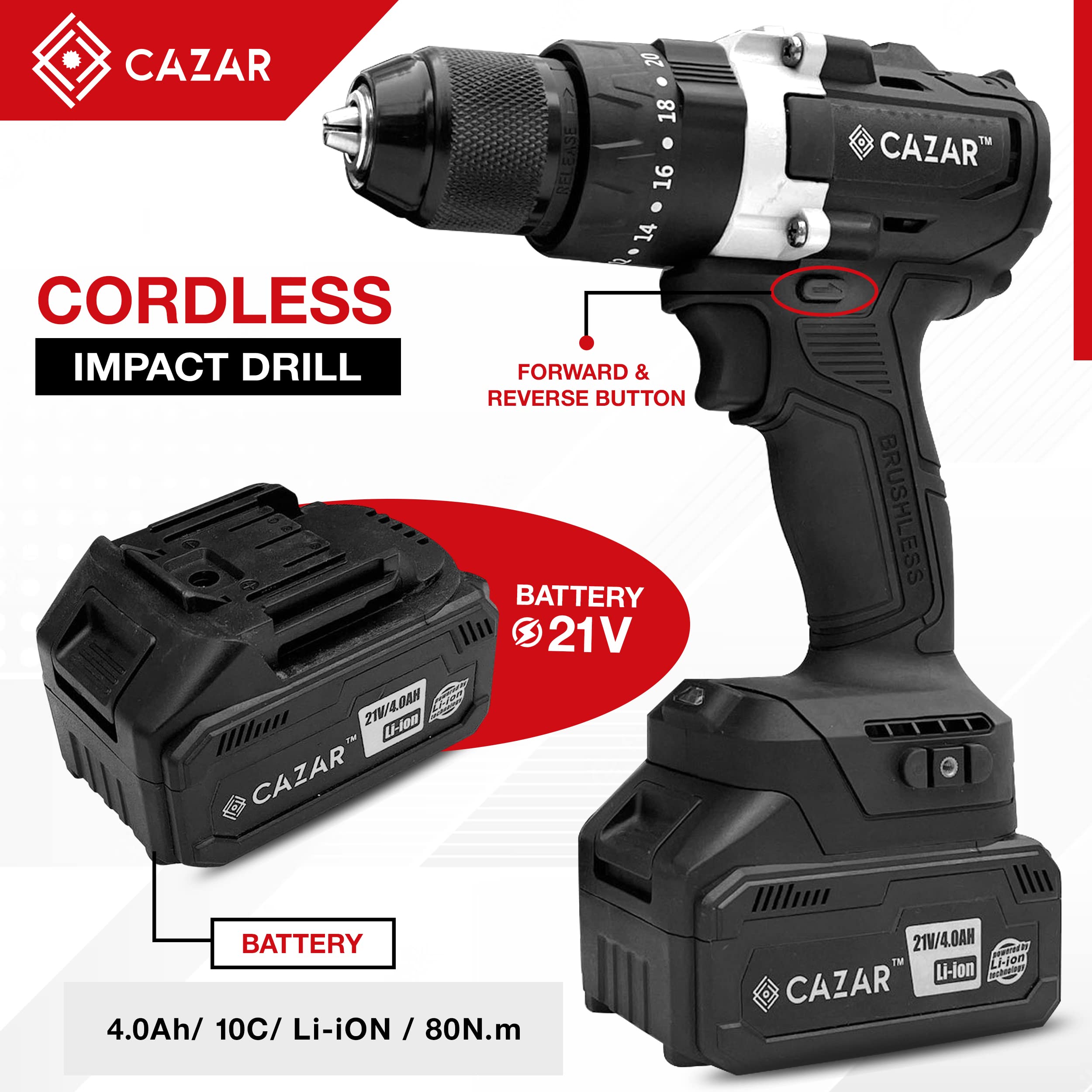 CAZAR Cz-21Vd 21Volts Cordless 13Mm Brushless Reversible Hammer