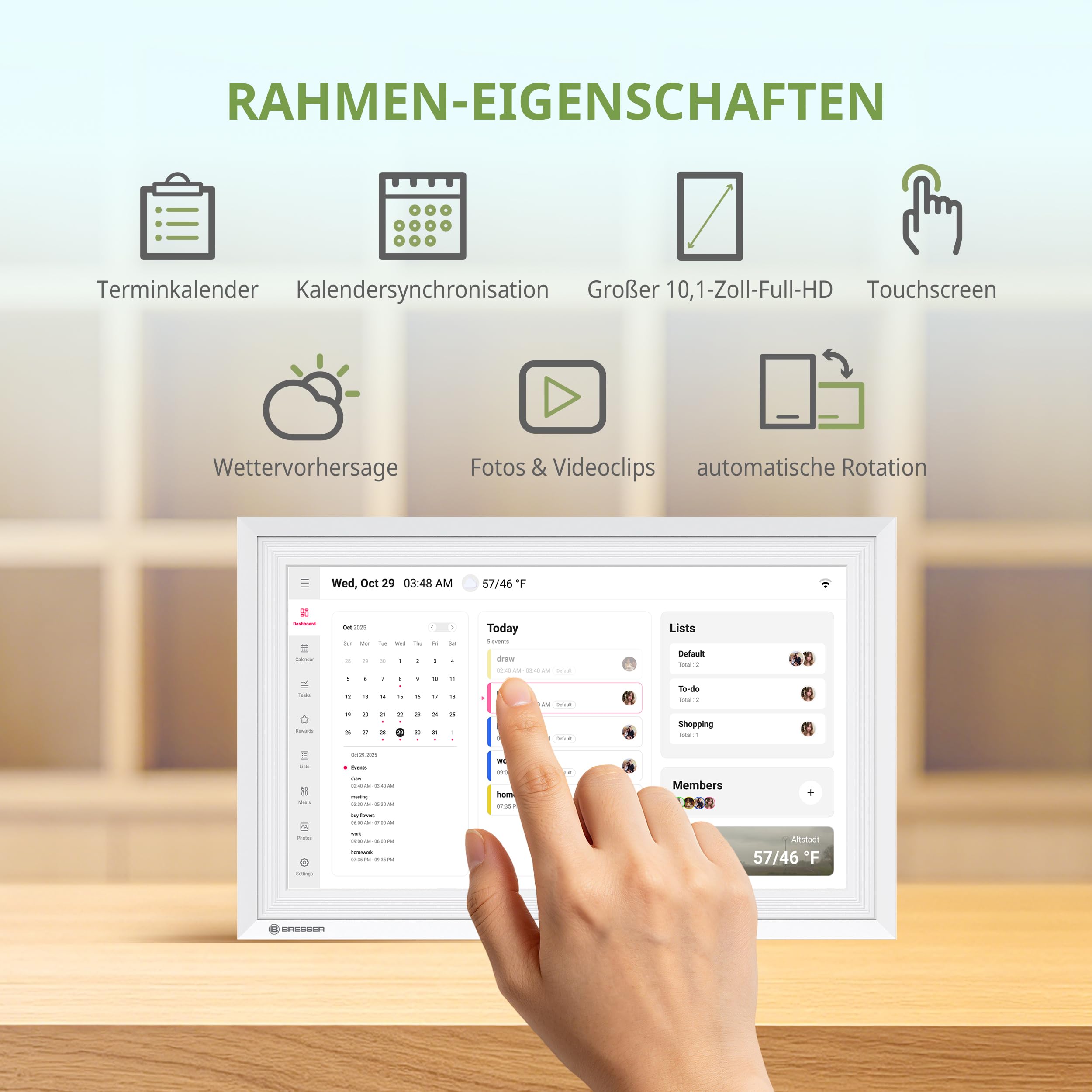 Bresser Digitaler Kalender 10,1 Zoll Touchscreen Familienplaner mit App Bilderrahmen Wetter 7 Tage Weiß