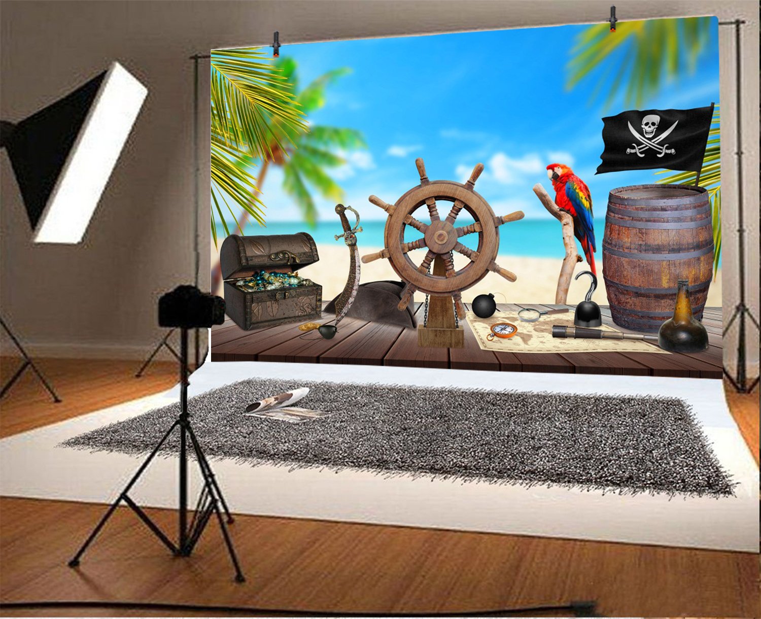 YongFoto 3x2m Vinile Fondale Foto Tavolo in legno pirata Ruota della nave Mappa del tesoro Rum Bussola Coltello Palma Spiaggia Sfondo Fotografico Fotografia Sfondo Studio Prop Decorazione