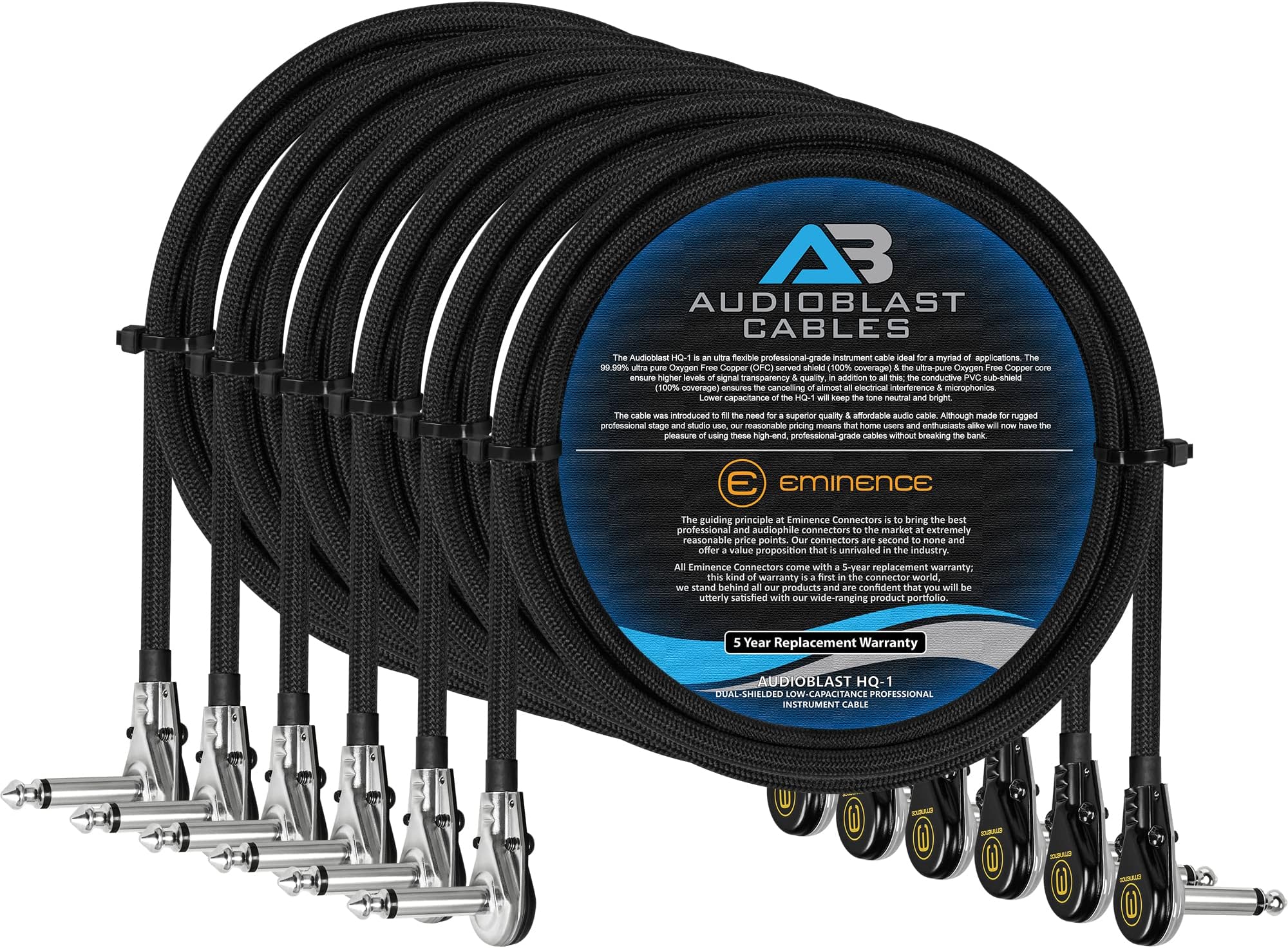 6 Units - 3 Foot - Audioblast HQ-1-BRAID (Black)- Flexible - Dual Shielded (100%) - Instrument Effects Pedal Patch Cable w/ ¼ inch (6.35mm) Low-Profile, R/A Pancake TS Plugs & Protective Boot