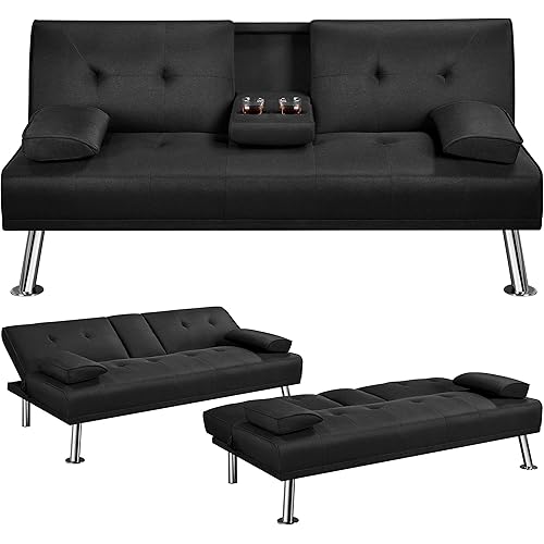 Yaheetech Linen Fabric Modern Sofa Bed Futon Couch Bed Folding Recliner Sleeper Reversible Loveseat Convertible Daybed, 2 Cup Holders, 3 Angles, 772lb Capacity, Removable Armrests, Black