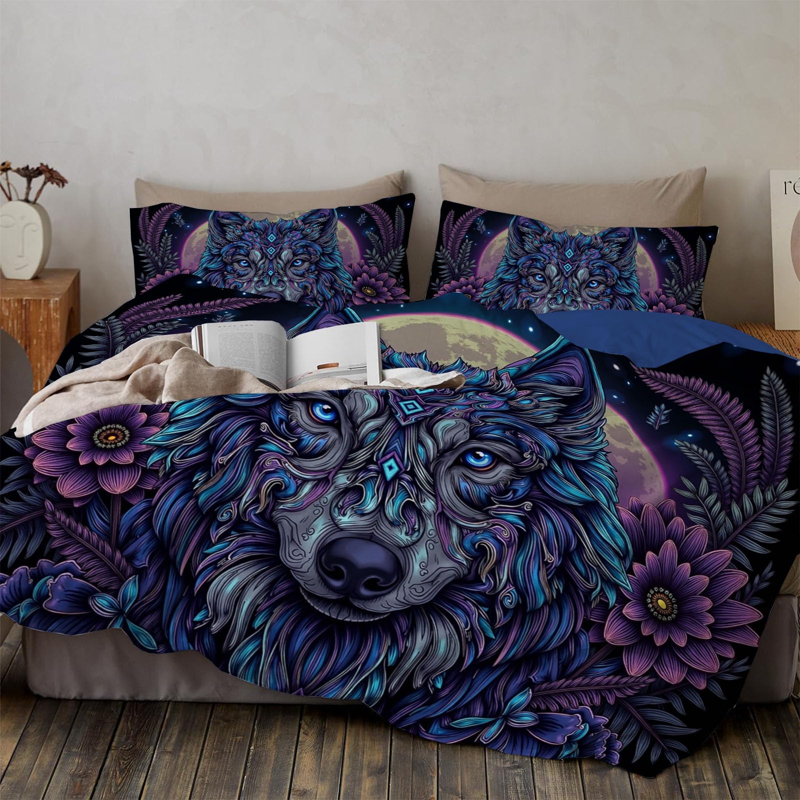 Housse de couette loup néon 200x200 avec 2 taies d'oreiller pour lit enfant