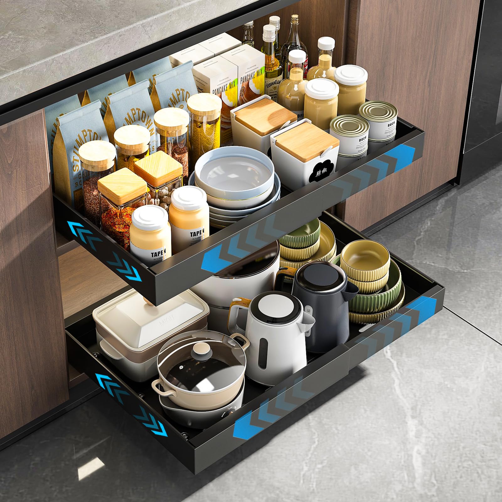 Photo 1 of Mustorn 2 Pack Pull Out Cabinet Organizer, Expandable Slide Out Drawers for Kitchen Cabinets Peel and Stick Pullout Drawer Heavy Duty Sliding Shelves for Cupboard, Pantry, Bathroom(16.5" Deep, Black)