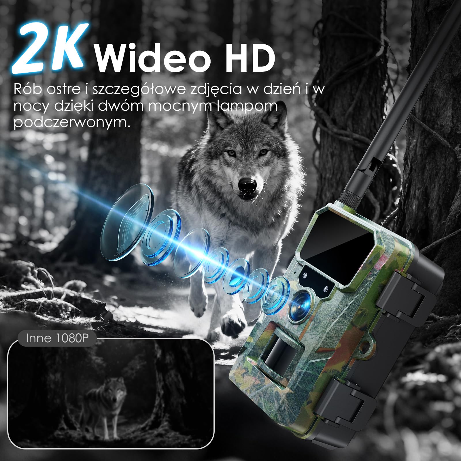 WOLFANG 4G LTE Cellular Wildlife, bateria 5200 mAh, kamera komórkowa 2K ze sterowaniem aplikacją, super noktowizor, wyświetlacz 2.0'TFT, aktywowany ruchem wyzwalacza 0,2 s, wodoodporność IP66