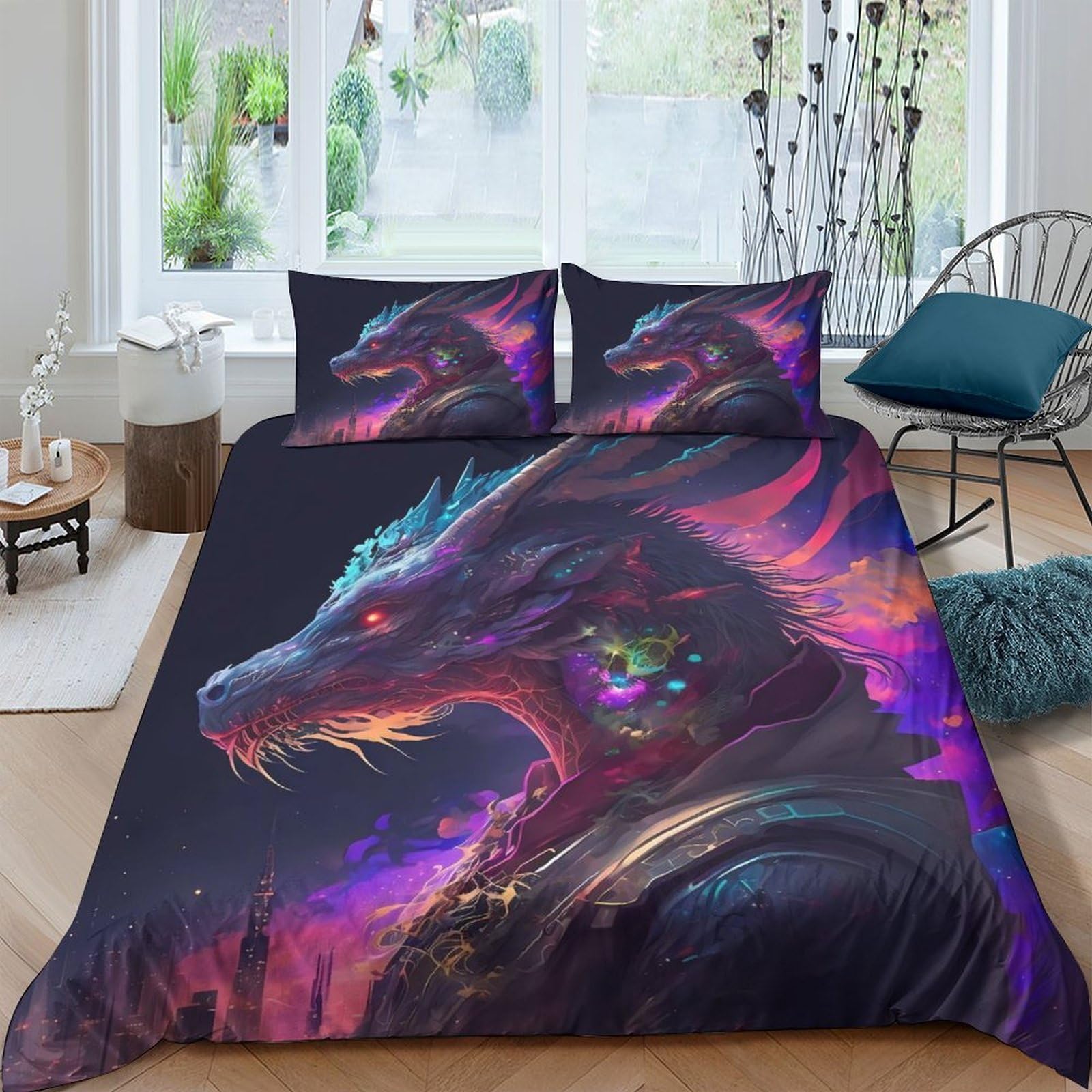 Ctjqhvkz Style-9 3D Printed Fantasy Dragon Fitted Sheet Microfiber Deep Purple Neon Pattern Mattress Cover For Bedroom Guest Room Decor Single（135X200cm）