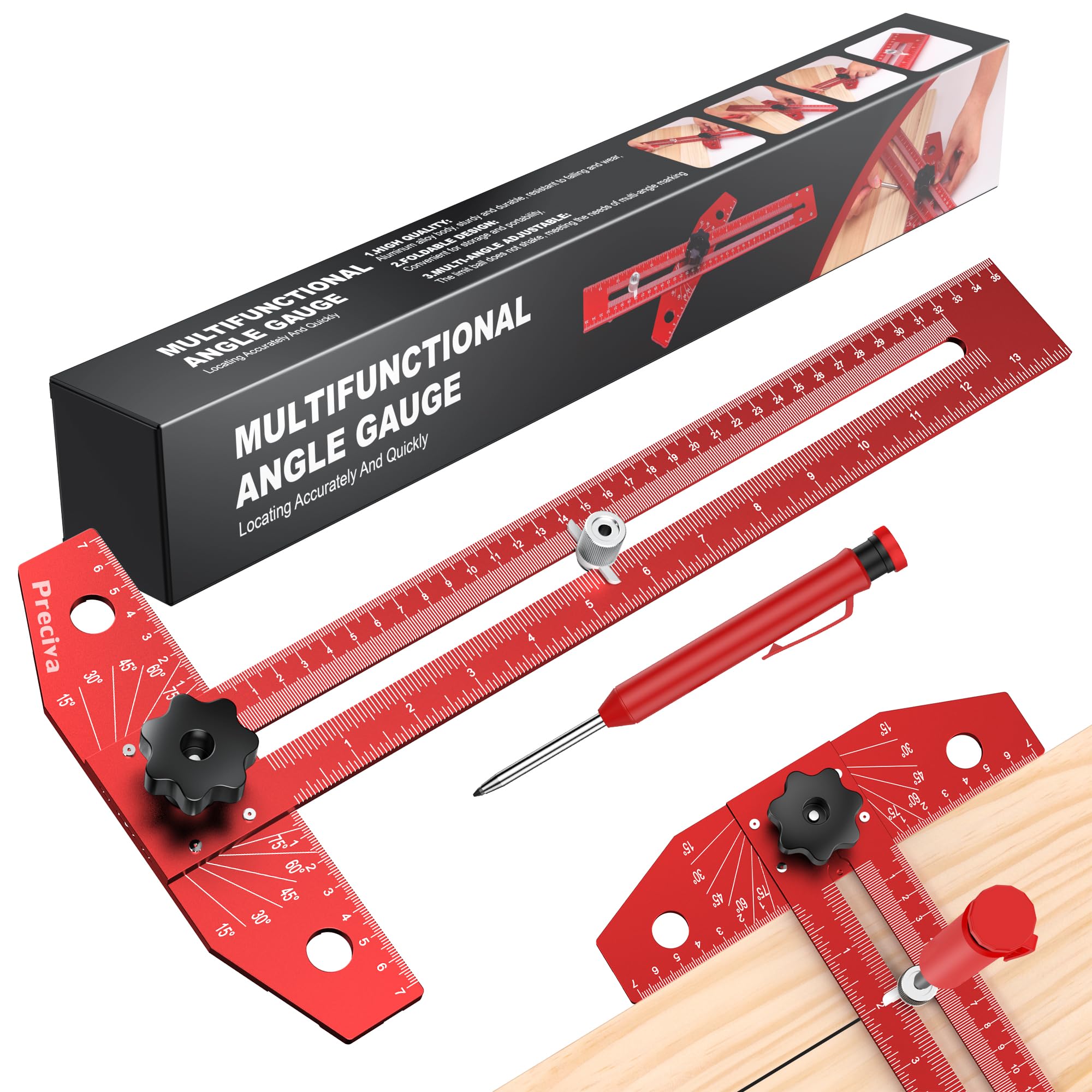 Preciva 13" Carpenter Square Ruler (1/16" Scale) - Foldable Aluminum Alloy T Square with Imperial and Metric Scales, Multi-Purpose Woodworking Square Ruler for Measure Angles, Position, Draw Lines