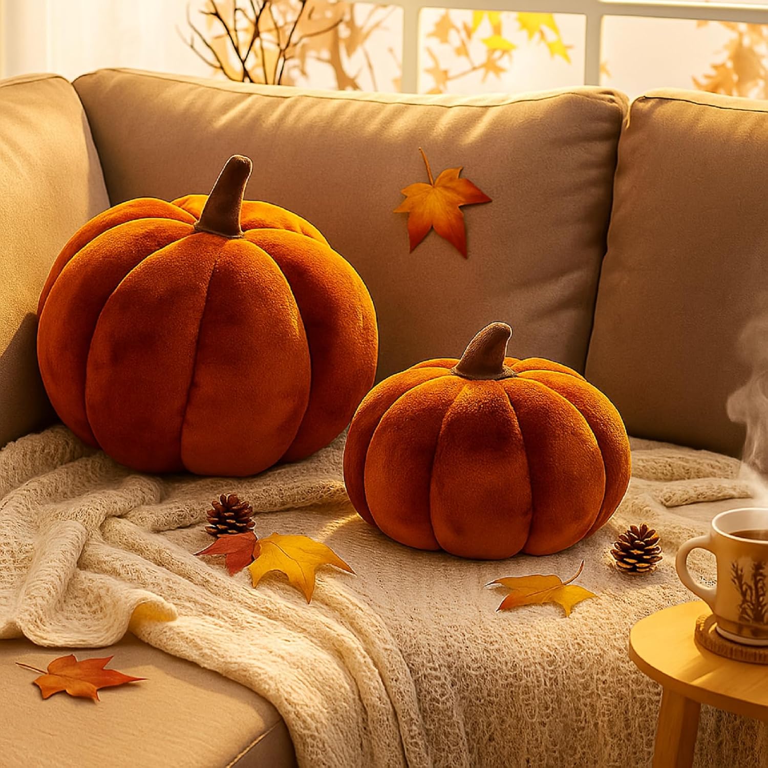 Yookeer 2 Pcs Fall Halloween Pumpkin Pillows, Velvet 3D Simulated Pumpkin Throw Pillow Soft Decorative Sofa Cushion for Thanksgiving Autumn Harvest Farmhouse Home Decor (Brown,7''+11'') 2 Brown 7''+11''