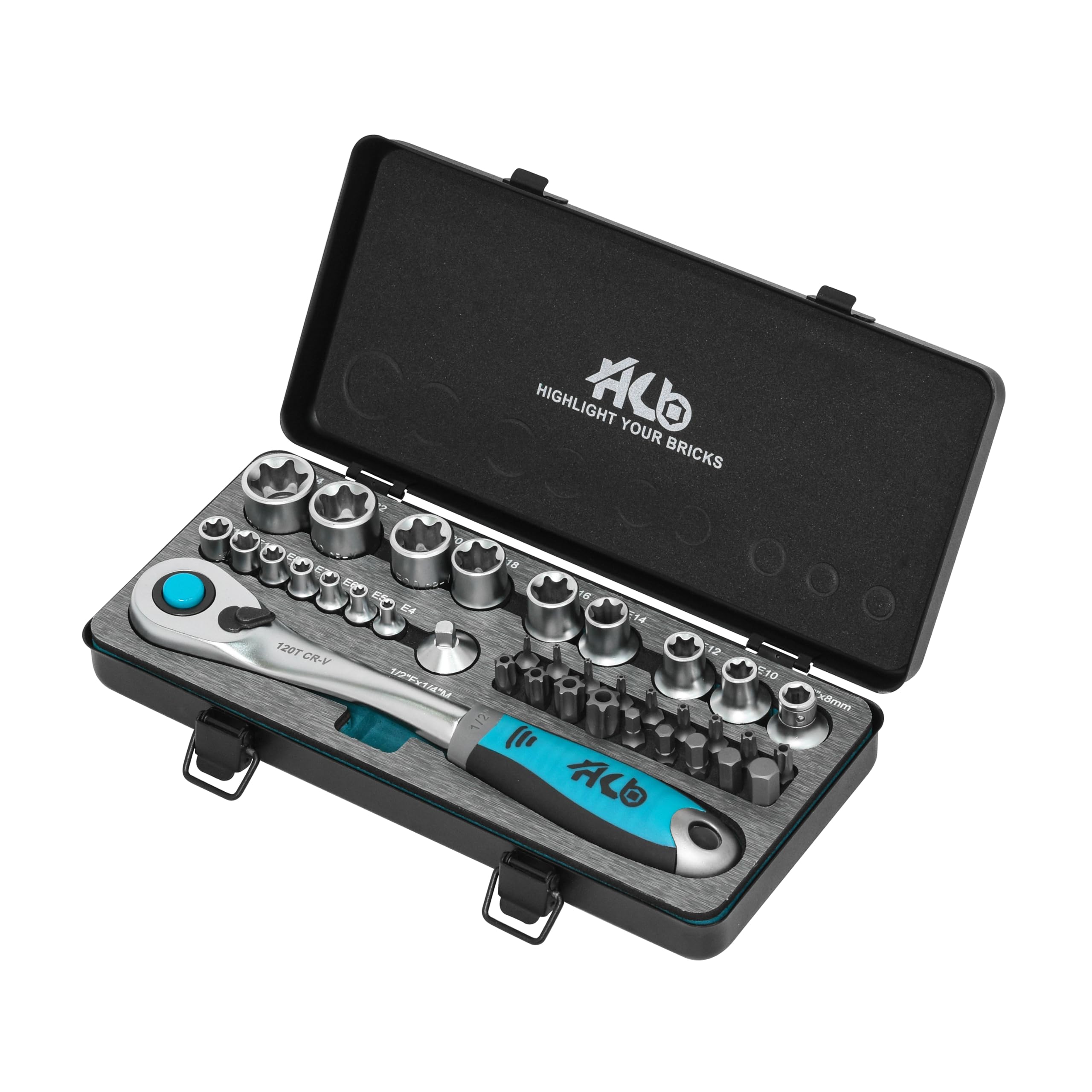 HB Set di Bussole E-Torx 36 Pezzi con Cricchetto Offset Reversibile 120 Denti 1/2" Sgancio Rapido, Custodia in Metallo con EVA, Acciaio CR-V con Inserti S2, Alta Qualità Prodotto a Taiwan AKM016-G
