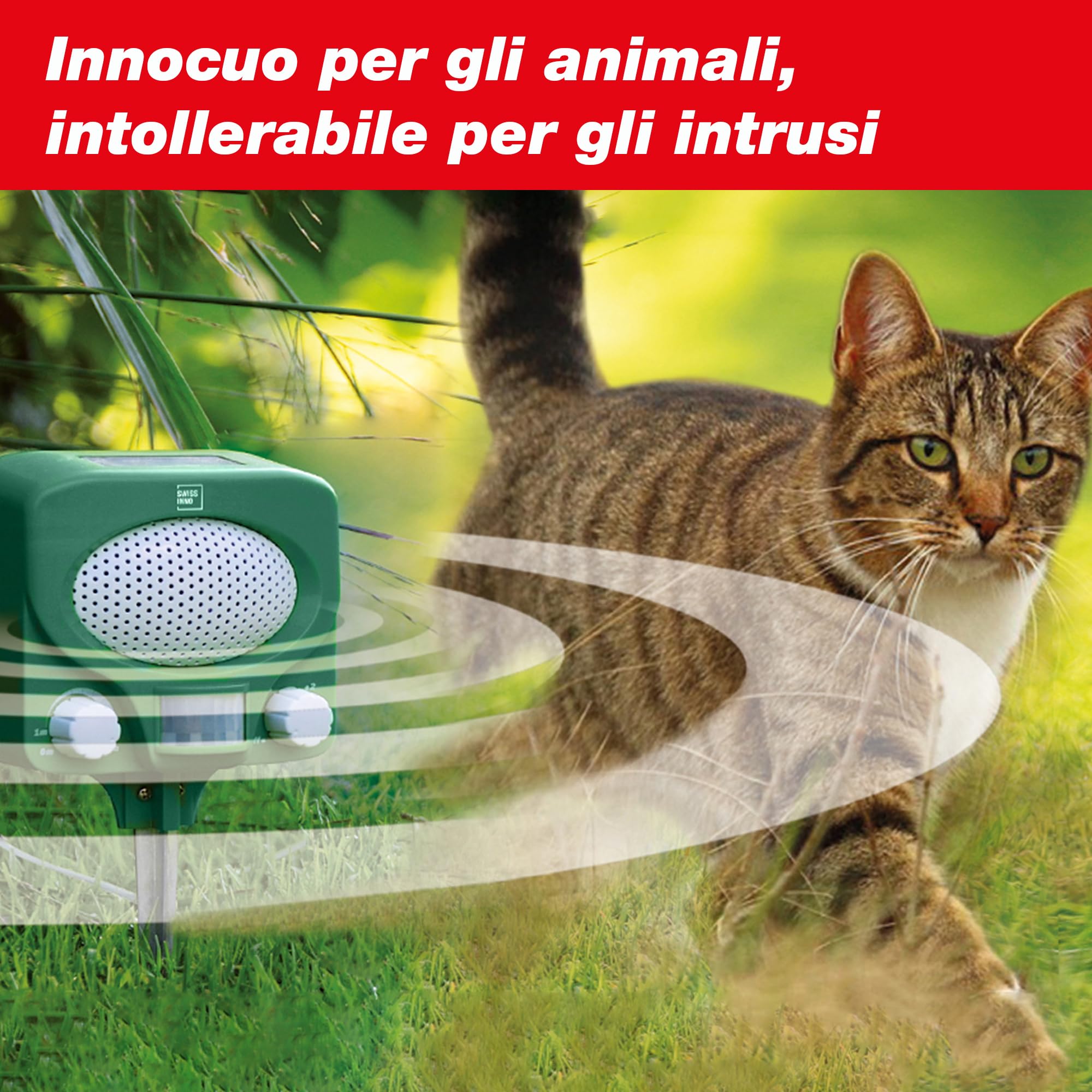 SWISSINNO Repellente Ultrasuoni Animali con Pannello Solare – Allontana Gatti Cani Martore Volpi Ricci – Copertura 100m² – Uso Giorno e Notte – Impermeabile per Esterni